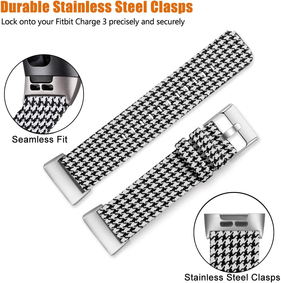 Maledan Bands Compatible with Charge 4 / Charge 3 / Charge 3 SE, Durable Woven Fabric Watch Band Replacement Accessories Strap Wristband for Women Men, Large, Black/White Plaid