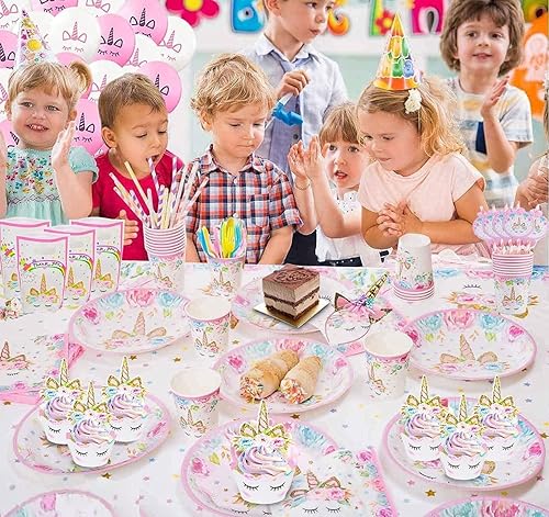 Miniatura 7 de suministros de fiesta de cumpleaños incluyendo platos, tazas, popotes y manteles para fiesta de cumpleaños, servicio para 16 invitados