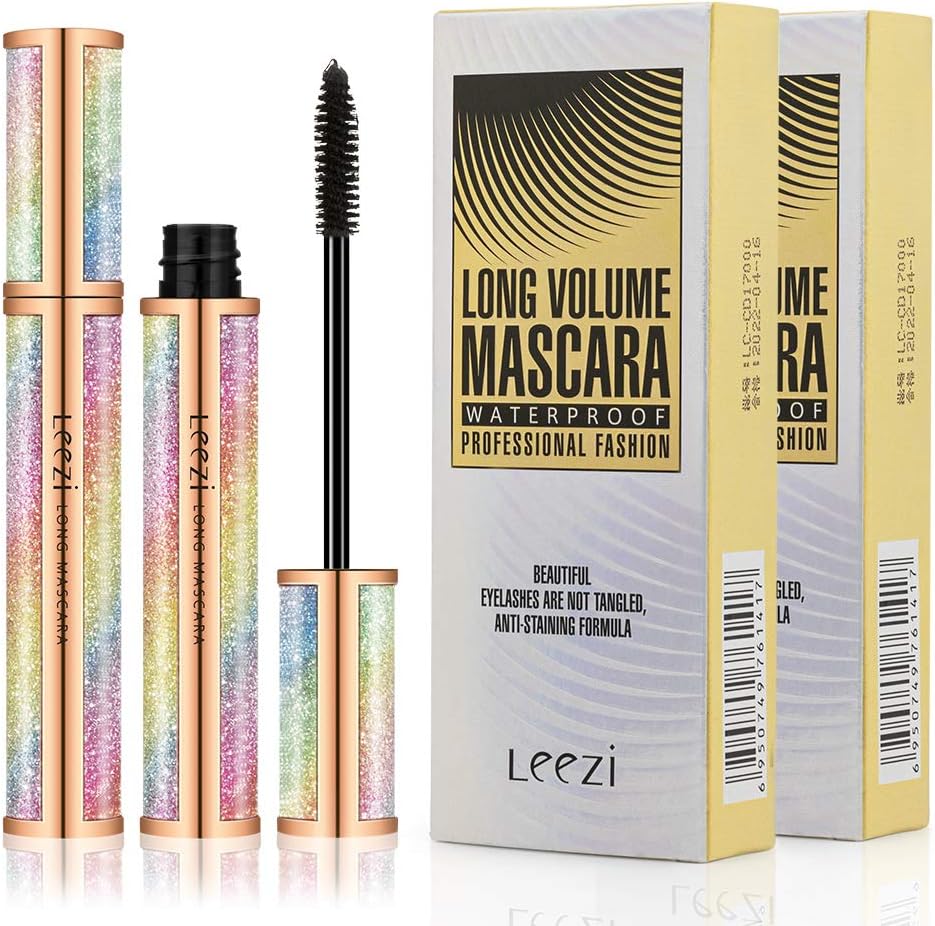 4D Silk Fiber Eyelash Mascara Waterproof - Thick Long Lasting Smudge-Proof 4D Fiber Mascara, Lengthening Curling Lashes, All Day Exquisitely Lush, Extra Long 4D Mascara, Black, Pack of 2 (Pattern B)