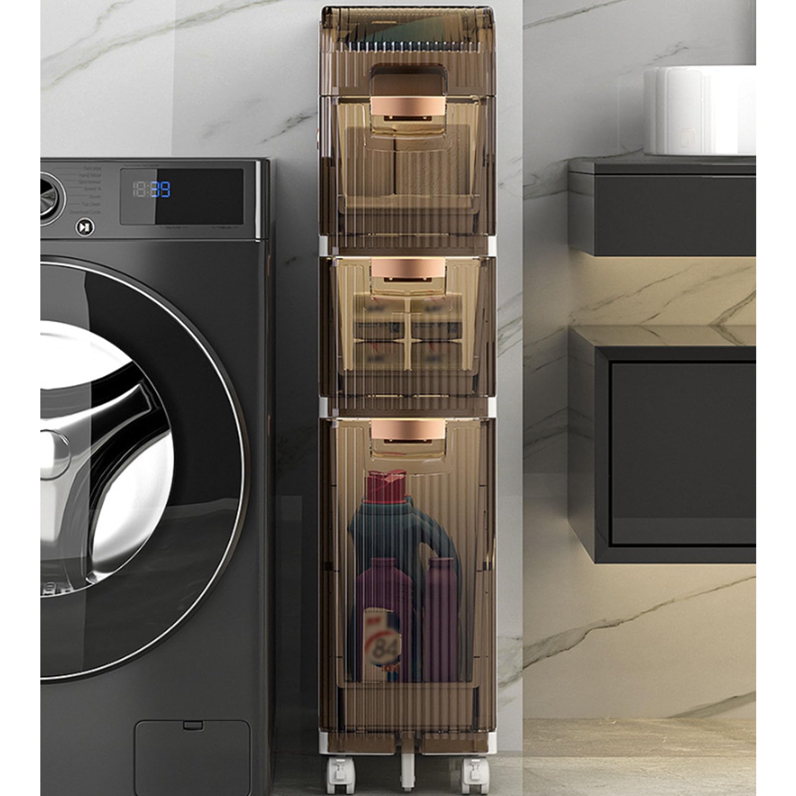 Schmaler Lagerschrank, eleganter freistehender Toilettenpapierhalter, geschlitzter kleiner Badezimmer-Unterschrank, schmale Kunststoffschublade, multifunktionaler Organizer für Küche, Schlaf