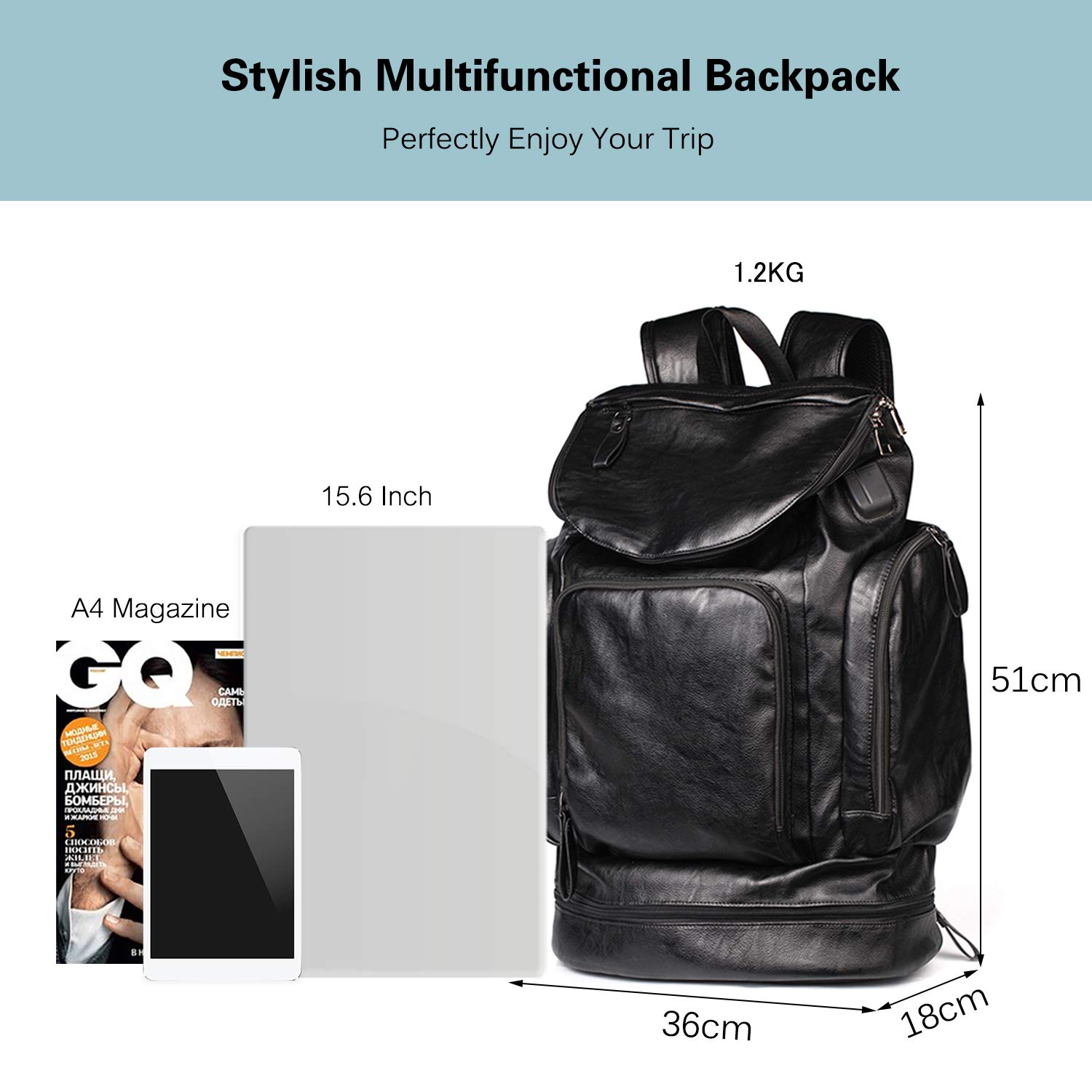 FANDARE Neu Rucksack Herren Business Rucksack für 15.6 Zoll Laptop mit USB Handtasche PU Schulrucksack mit Schuhfach für Arbeit Wandern Reisen Camping Wasserdicht Schultasche Schwarz