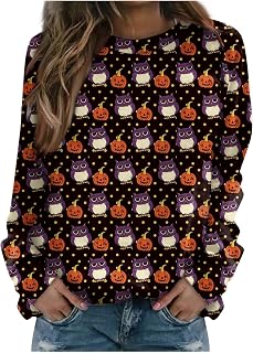 WANZZXCSL Prom Long Sleeve Top Women Casual Comfy Oversized Halloween Butto Tops Fit Pumpkin Polyester Neck Sweatshrit Women