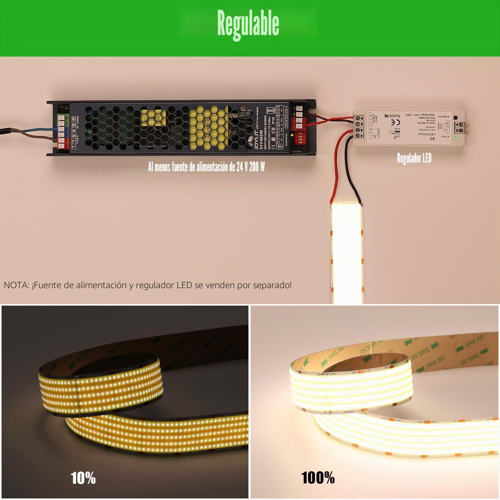 JOYLIT Tira LED COB 5 Filas 24V 5M 4000K 4400 LM/m Sin Puntos Interior | 1600LEDs/M, 40W/M, Ultra Brillante Blanco Natural, 30MM Ancho, CRI 90+, Regulable,Cortable, Autoadhesivo Cinta LED