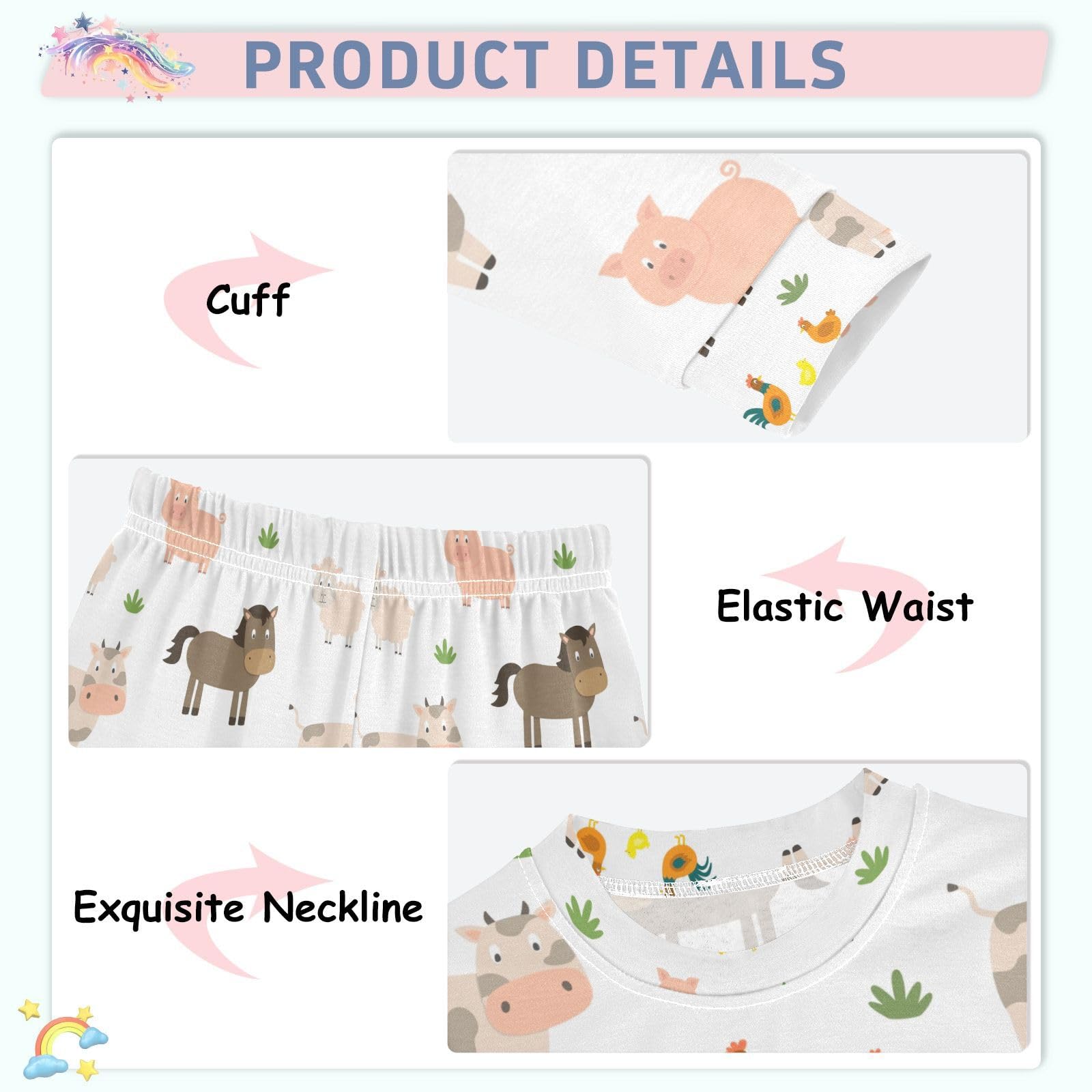 Mnsruu Pigiama per bambini disegnato a mano con animali della fattoria con top e pantaloni a maniche lunghe, comodo pigiama in cotone per ragazzi e ragazze, pigiama unisex, 18 M