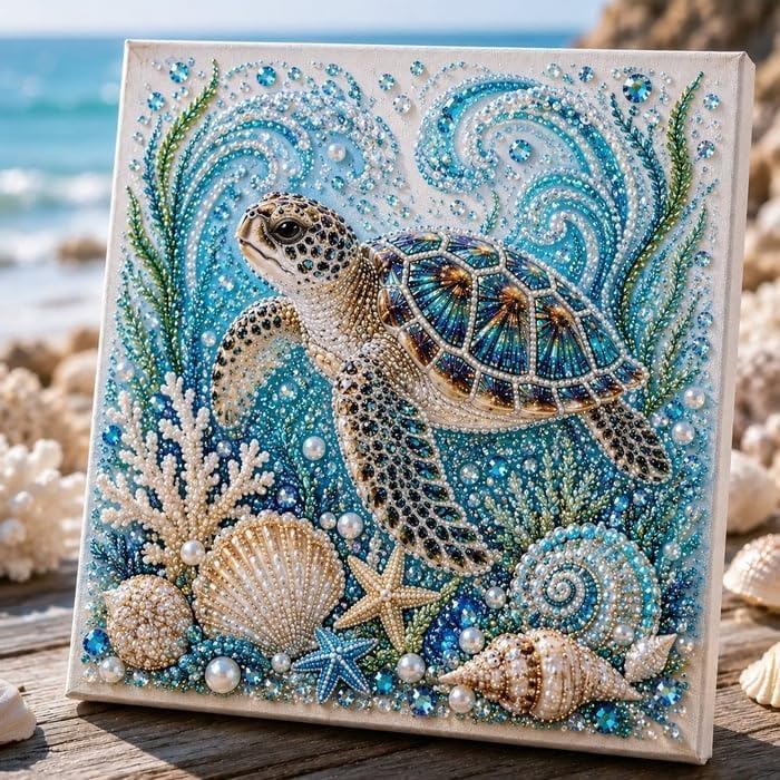 Ocean Theme Pearl Art DIY Kit, Octopus DIY Pearl Painting Kit, Ocean 3D Diamond Art for Adults & Beginners, Sparkling Coastal Wall Decor,Beginner DIY Gift (Sea Turtle)