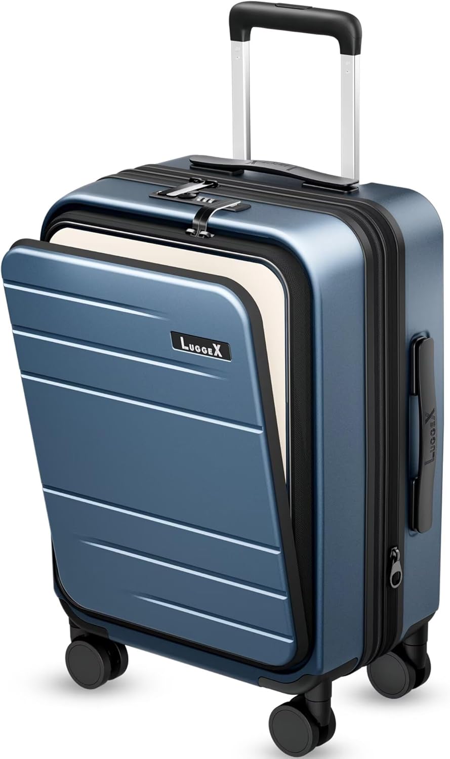 LUGGEX Carry On Luggage 22x14x9 Airline Approved, FLO5 Expandable Polycarbonate Suitcase with Front Pocket (FX-Core, Blue, 20 Inch) Blue 20 Inch-EXT
