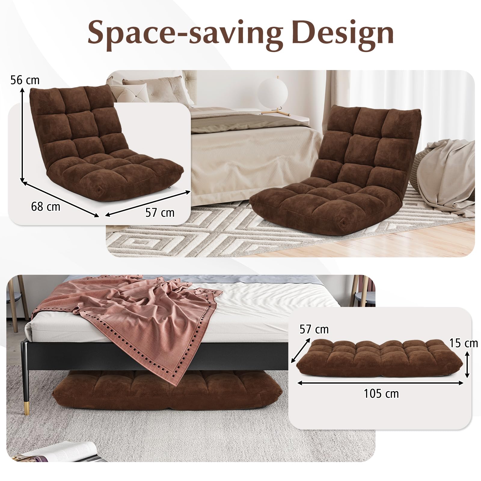 HOMASIS Silla de Suelo con Respaldo Ajustable en 14 ángulos, Silla Plegable de Pana, sillón tapizado para Leer, meditar, cojín de Suelo, 15 cm de Grosor (Café)
