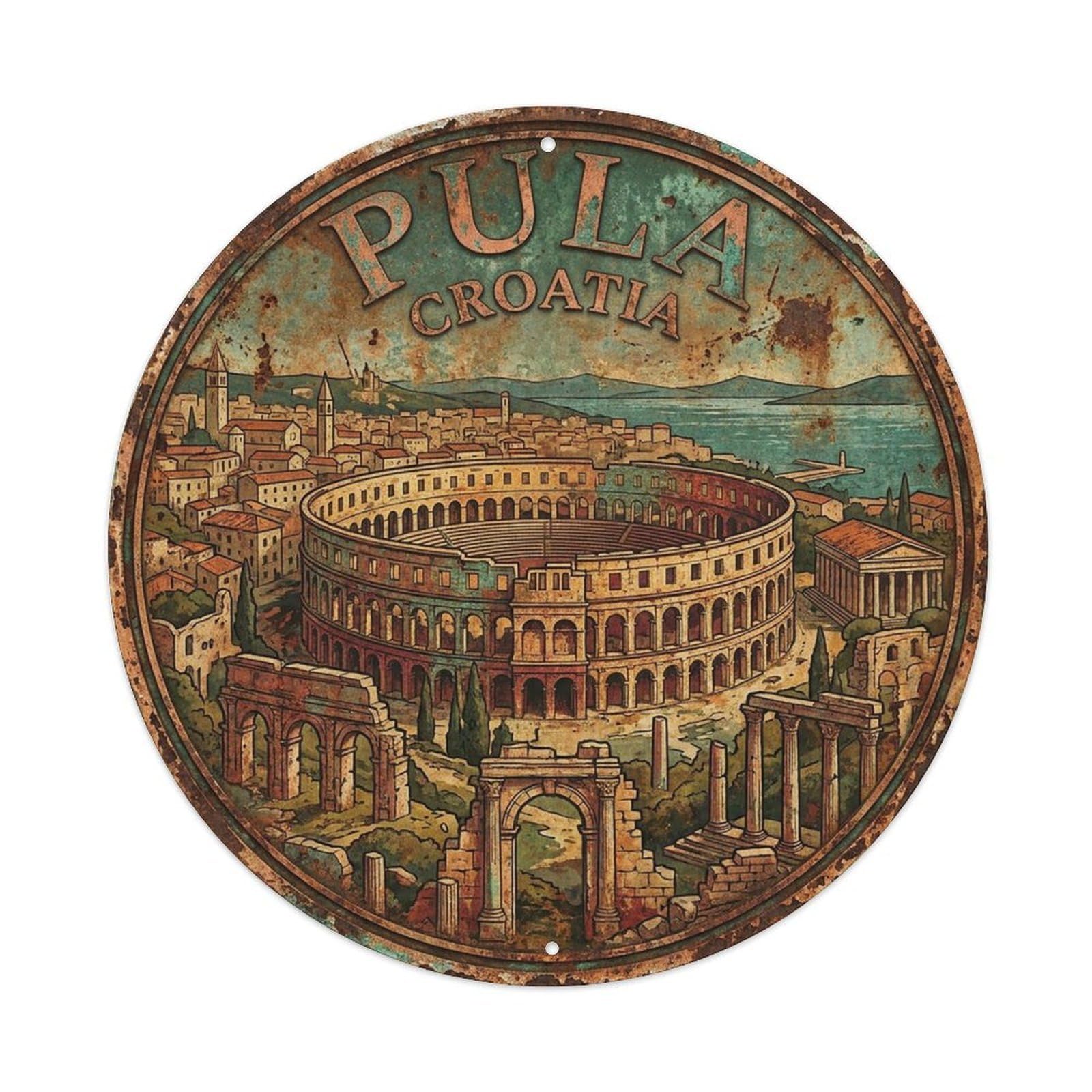 Croatia Retro Travel Pula Vintage Metal Tin Sign Plaque Wall Decor for Cafe, Club Bar, Office, Garden Metal Poster 8x8Inch