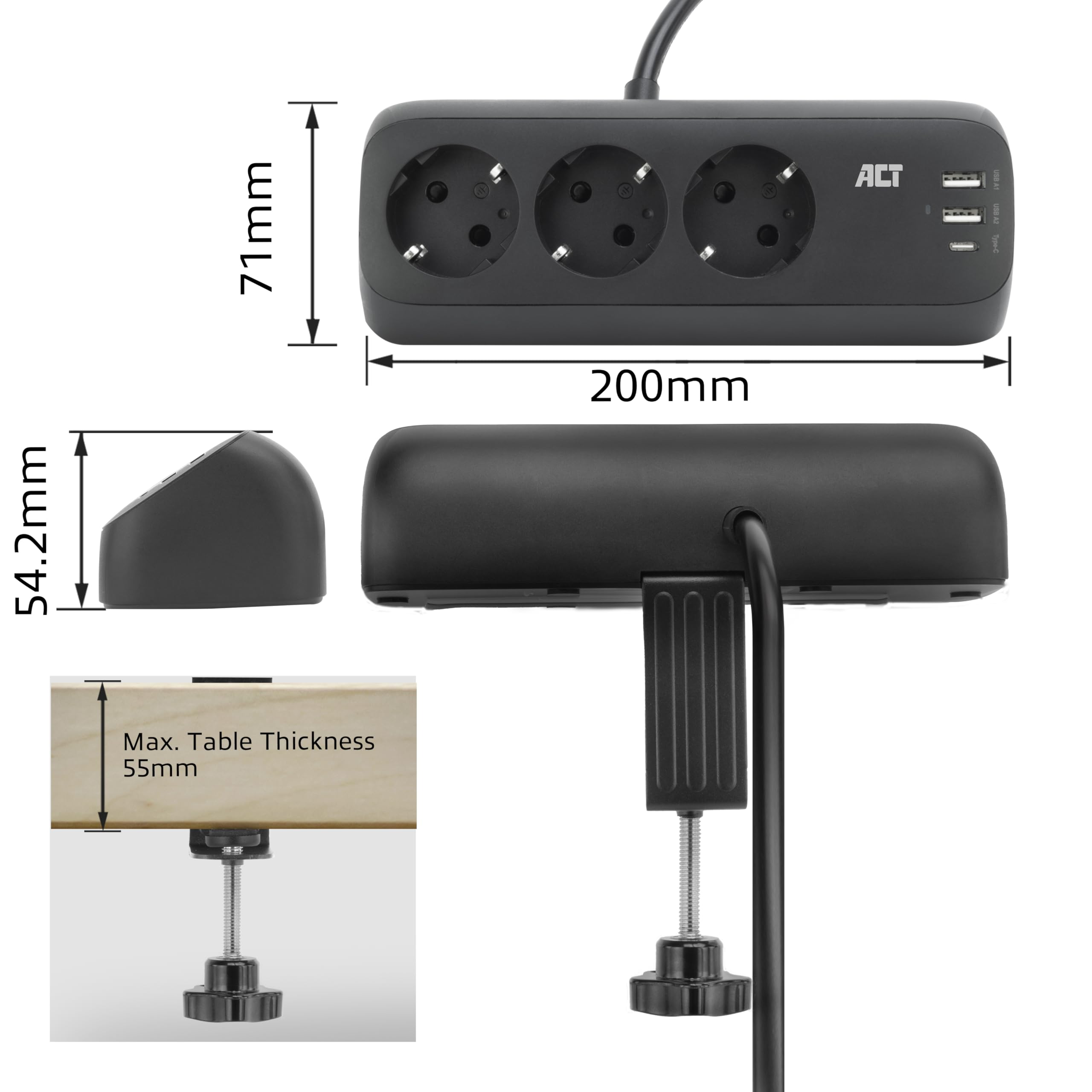 ACT Ciabatta da scrivania con 3 prese di tipo F, 30 W Power Delivery, porte USB di tipo C/A, cavo 1,5 metri AC2480
