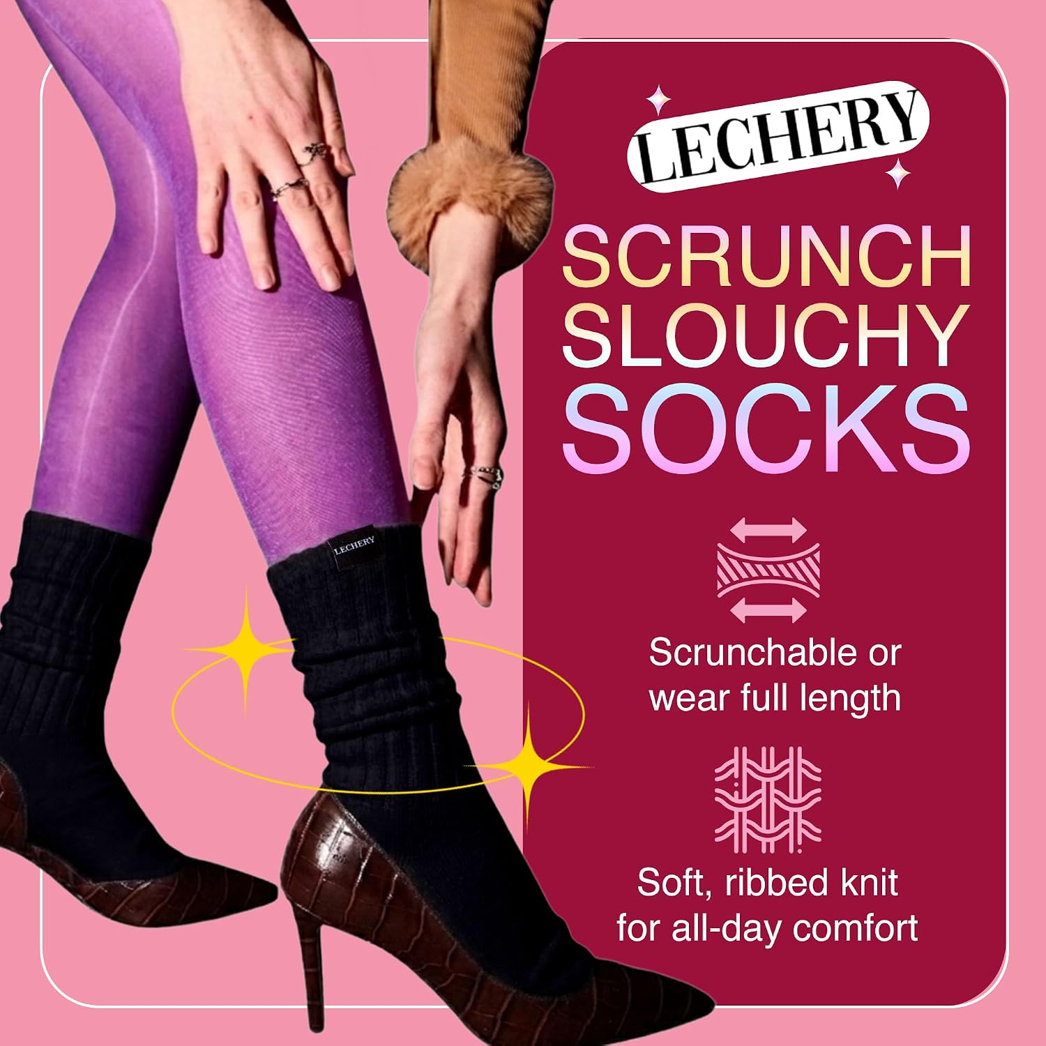 LECHERY Scrunch Socks for Women Men Unisex Slouch Socks Mid Calf Cotton Knit Retro Leg Warmer Style for Gym or Boot, One Size