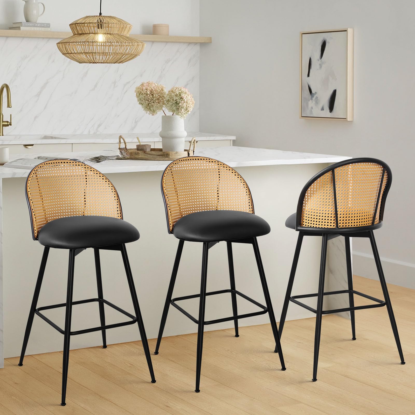 Bekrvio Swivel Bar Height Stools Set of 3, Mid Century Modern 𝟮𝟵" Bar Chairs with Rattan Back and Metal Legs, Upholstered Faux Leather Barstools