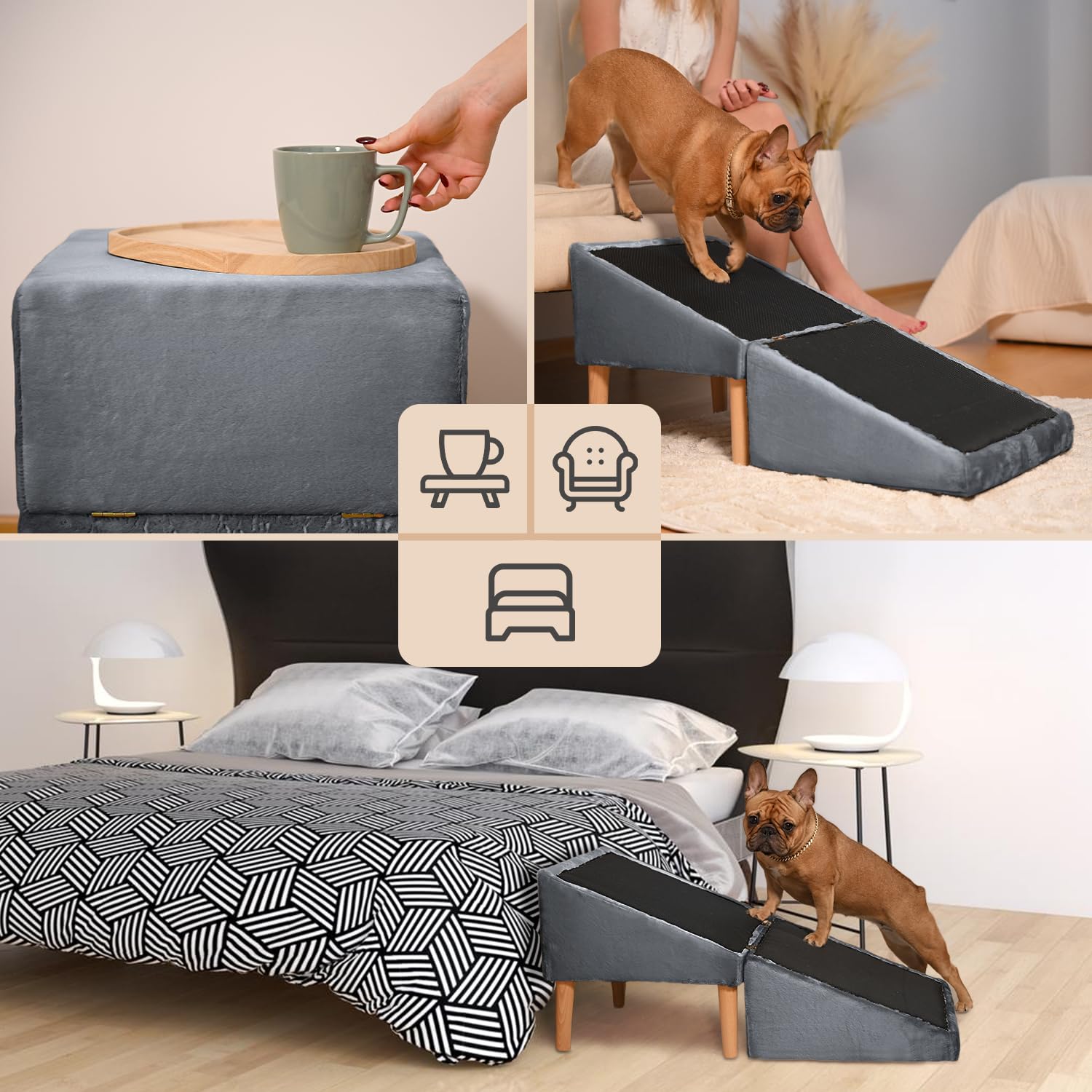 VELORA H&L Hunderampe Dunkelgrau - 2in1 Hundetreppe und Sitzhocker, Klappbare Einstiegshilfe für Sofa und Bett, Stabile Holzkonstruktion mit Veloursbezug, rutschfeste Lauffläche für Hunde und Katzen