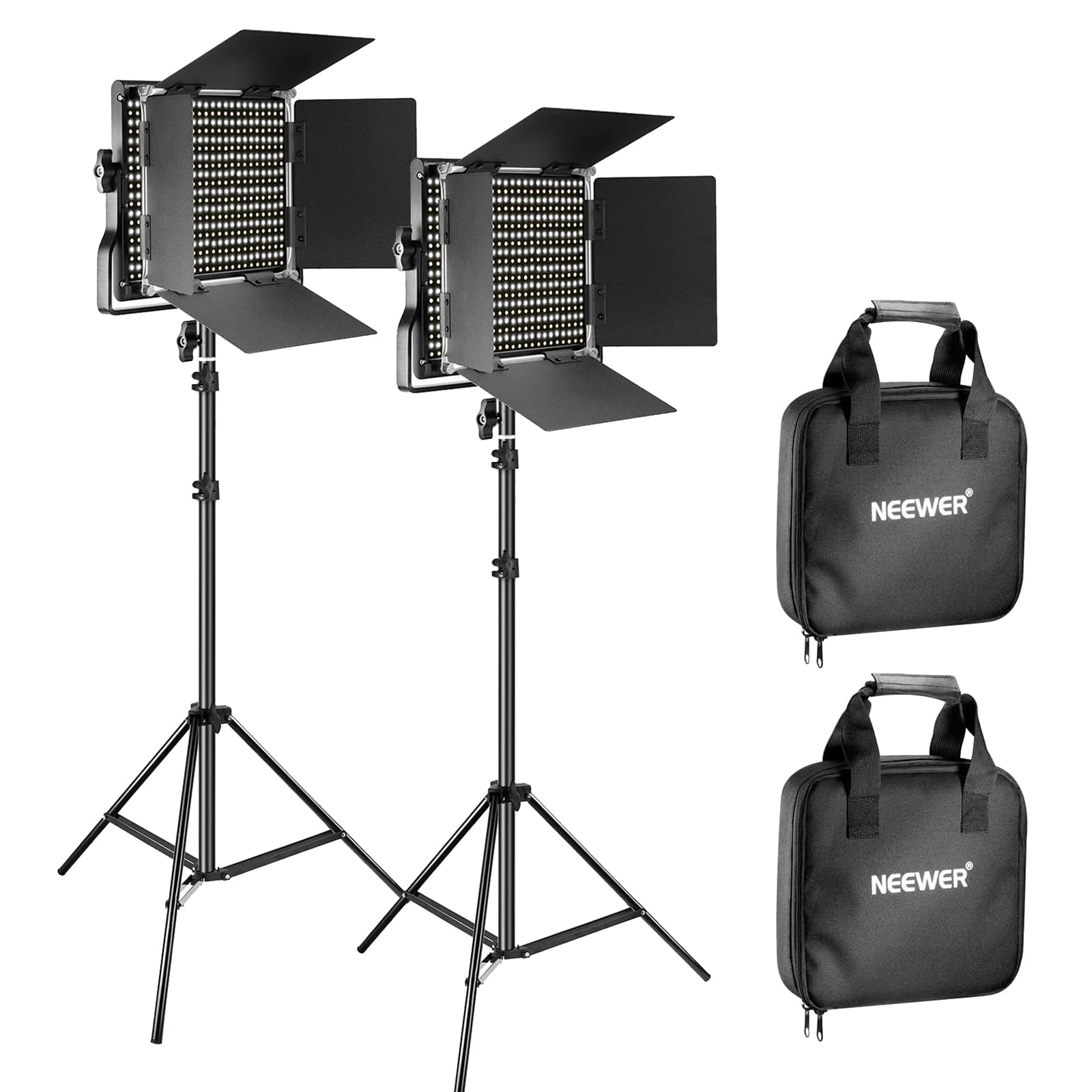 NEEWER 2 Pack Bi Color 660 LED Video Light and Stand Kit: (2) 3200-5600K CRI 96+ Dimmable Light with U Bracket and Barndoor, (2) 75 inches Light Stand for Studio Photography, Video Recording (Black)