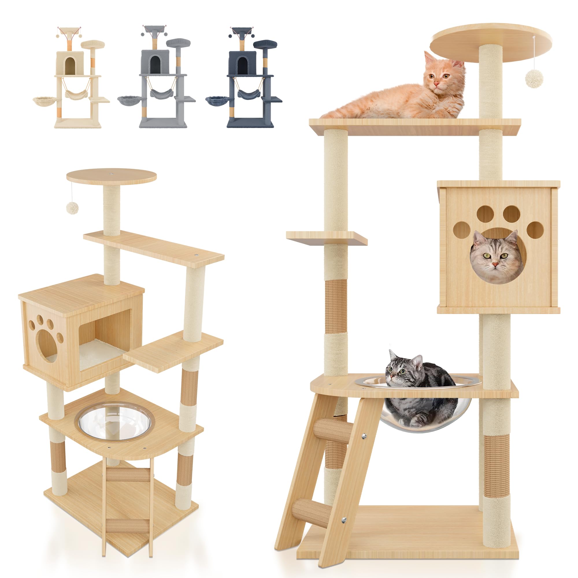 JUPPLIES Scratching Tree for Cats 141 cm – Activity Tower with 5 Platforms, 2 Nests, 1 Central Basket and 1 Kennel – Sisal Posts and Stable Base 50 x 40 cm – Ideal for Homes (Wood)