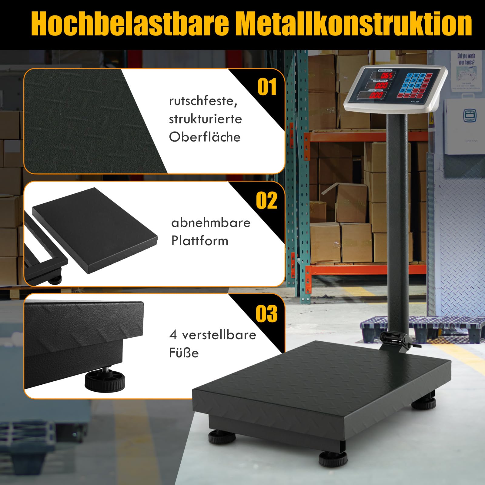 RELAX4LIFE Báscula Inteligente 300 kg/50 g, Báscula Industrial Plegable, Balanza Industrial con Pantalla LED, Báscula Digital, Báscula de Suelo, Funciona con Red y Batería, Plataforma 50 x 40 cm