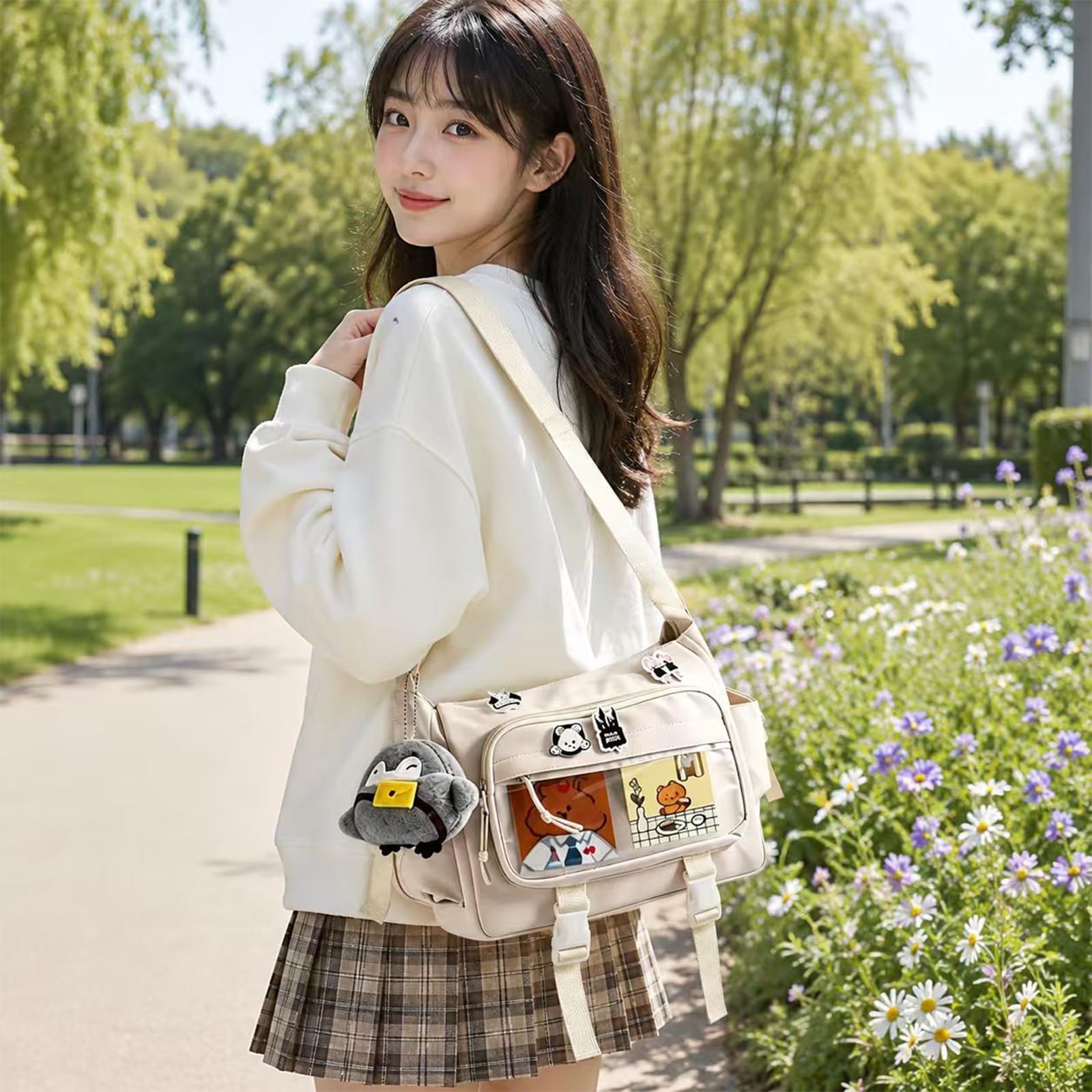 Borsa Ita, borsa a tracolla Y2K, borsa a tracolla da donna Ita in tela con spilla e ciondolo, borsa leggera, borsa a tracolla Kawaii