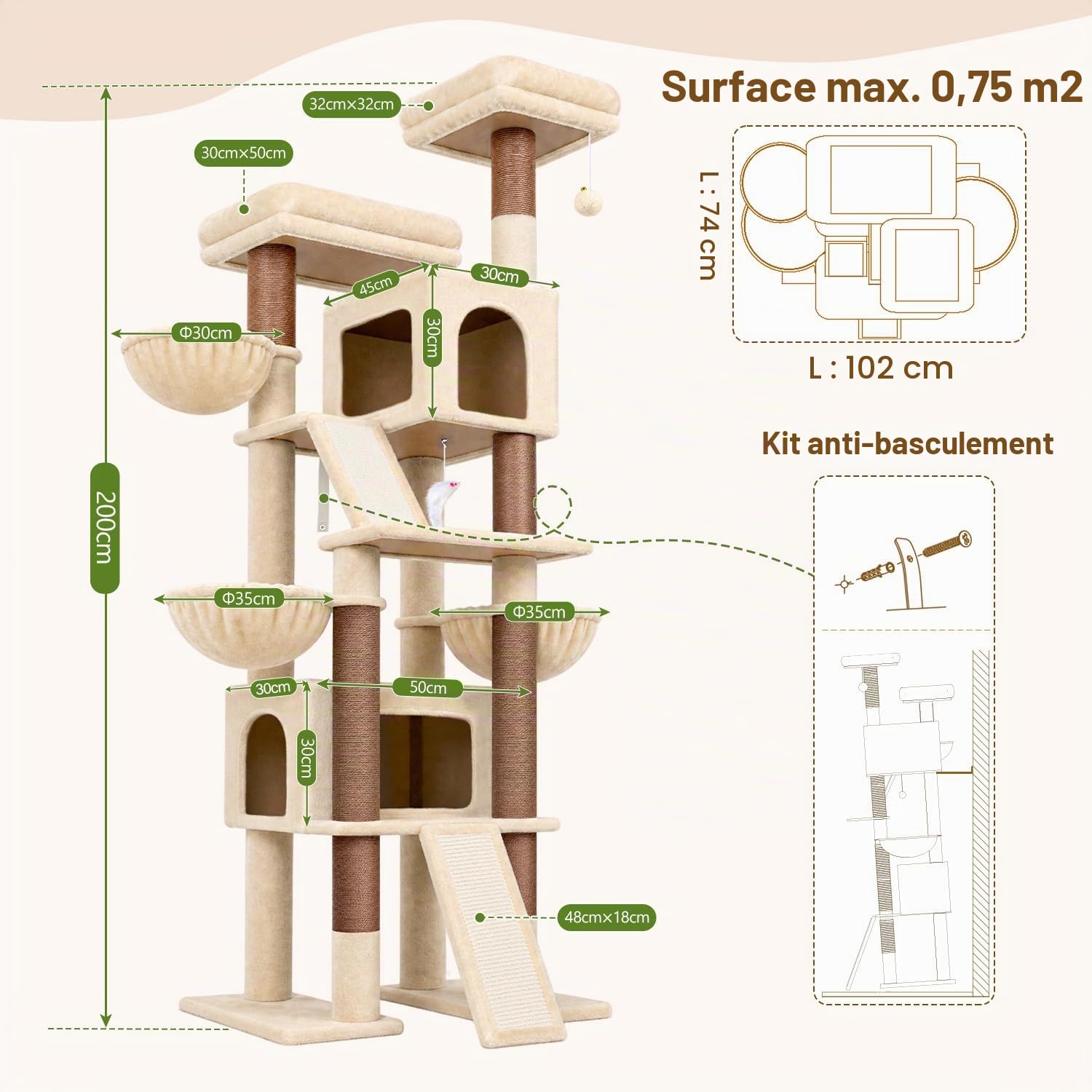 Globlazer F78 Arbre à Chat XXL Beige pour Grand Chats 200 cm Arbre a Chat | Multifonction Stable Arbres à Chat avec 2 Immense Niches, Grand Plateformes 3 Panier Planche Sisal, pour Plusieur Chat Adulte
