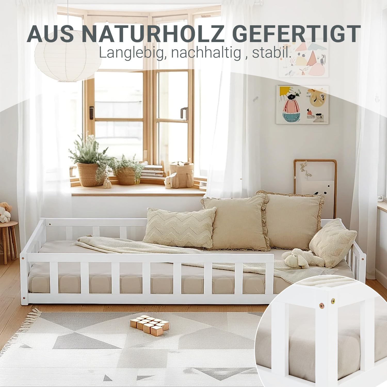 Homestyle4u Bodenbett 90x200 Kinderbett mit Rausfallschutz Weiß | Montessori Kleinkindbett aus massivem Kiefernholz Lattenrost inklusive, Matratze nicht enthalten