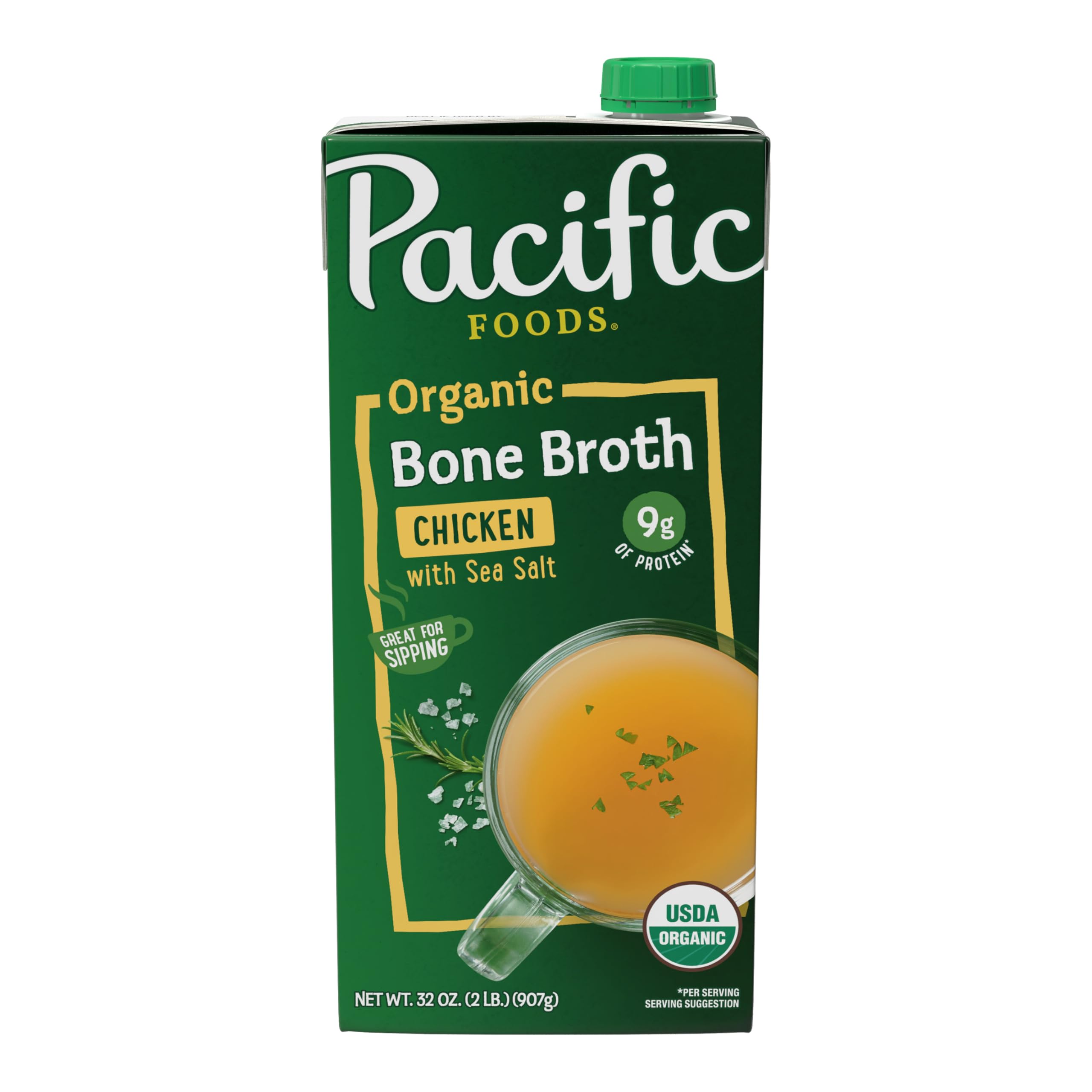 Pacific Foods Organic Chicken Bone Broth with Sea Salt, 32 Fl Oz (Pack of 12)