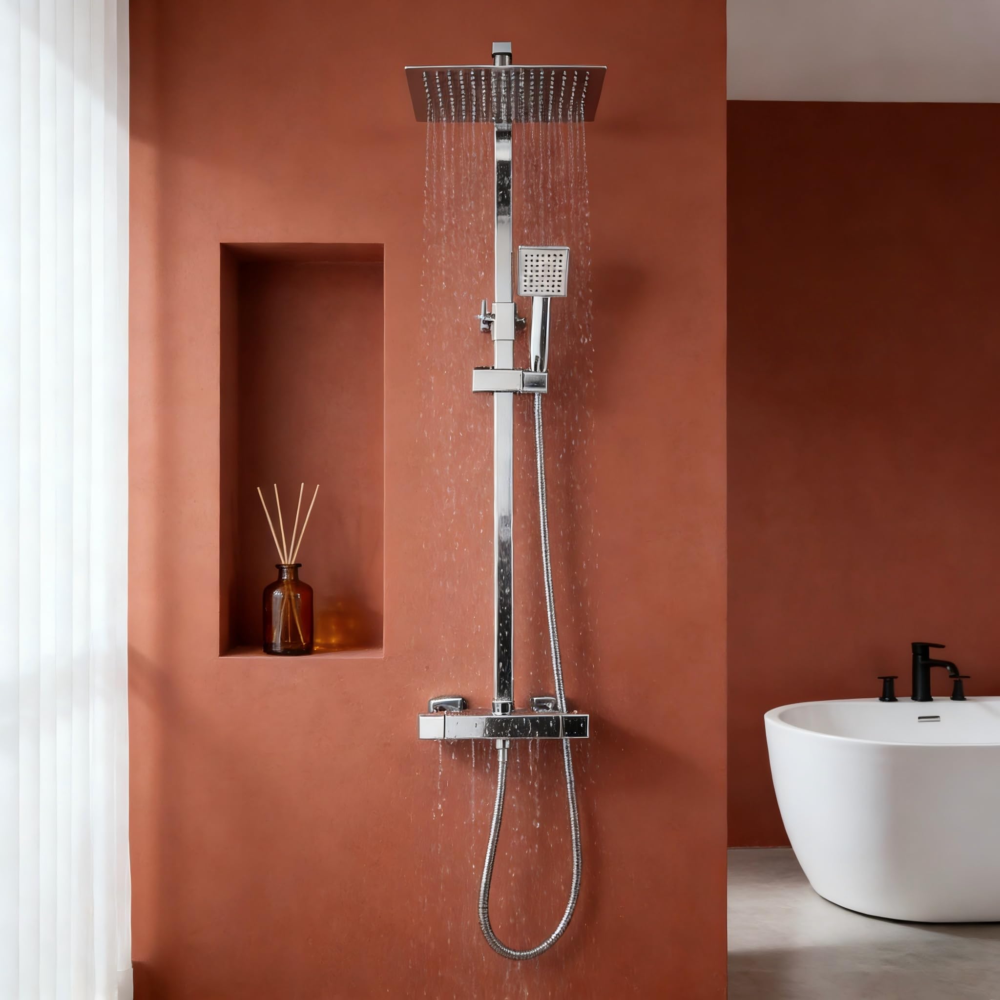 Columna de Ducha Termostática STANEW, Conjunto de Ducha, Cuarto de Baño, Columna de Ducha, Termostato con Mezclador Ajustable en Altura, Sistema de Ducha (Plata)