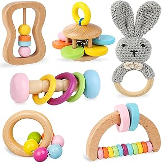6 PCS Wooden Baby Rattle, Organic Colorful Baby Hand Rattles Set, Wood Rattles for Babies 0-6-12 Months, Wooden Teether Crochet Rattle Toy for Newborn Infant, Montessori Toys for Babies 0-6 Months
