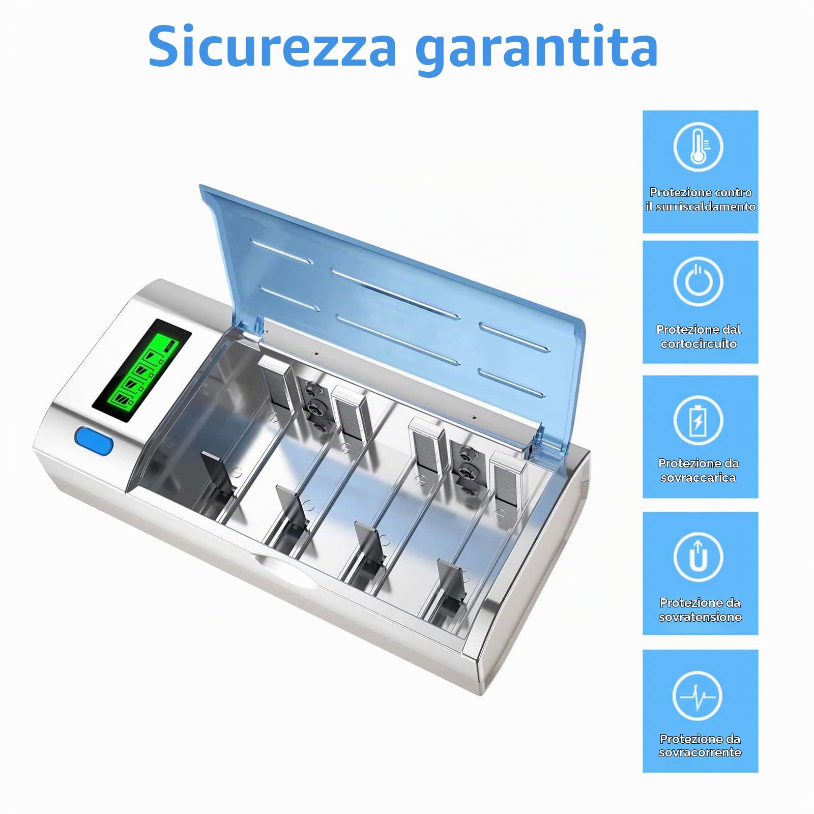 CITYORK Caricabatterie universale con display LCD con funzione di scarica per batterie AA, AAA, C, D, 9V NI-MH con 4 batterie NI-MH D da 10000 mAh