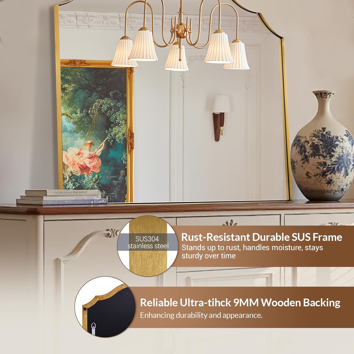 ANDY STAR Scalloped Arched Mirror, 36x26 Inch Gold Mantle Mirror with Stainless Steel Metal Frame, Modern Wall Mirrors for Bathroom, Fireplace, Living Room, Entryway Hangs Vertically