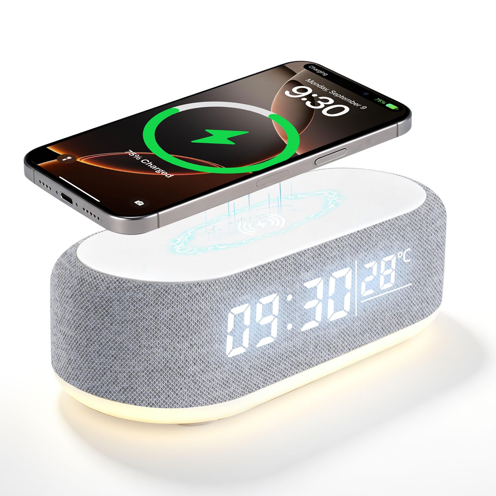4 In1 Smart Wecker, Digitaler Tischwecker mit Licht und Ladestation, Radiowecker mit Ladefunktion & Temperaturanzeige, Helligkeit regelbar, ABS Tischuhr für Schlafzimmer Schreibtisch