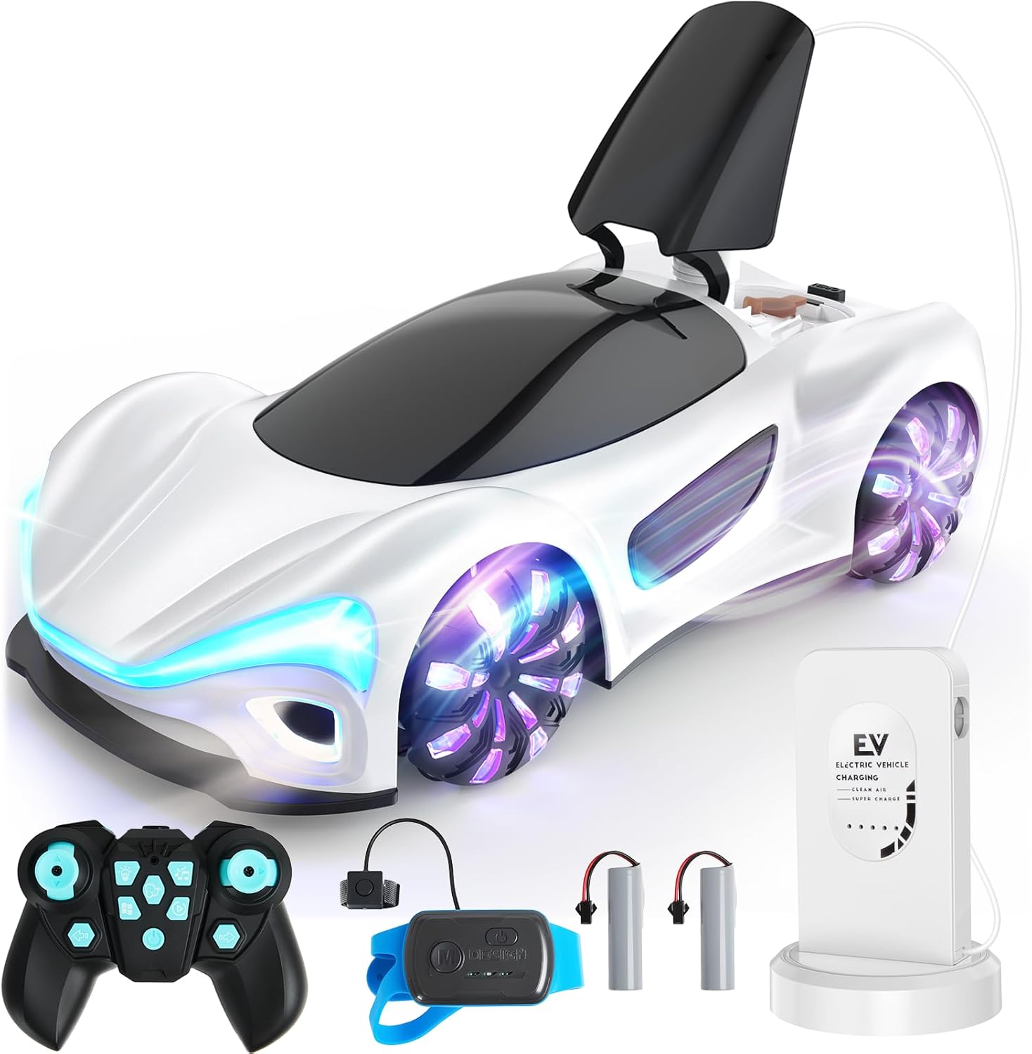 SIMREX Gesture Sensing Remote Control Car with Charging Dock - 360° Rotate Drift RC Stunt Car Toy, 40 Min Playtime, Dual Control, Spray Mist & LED Lights, Birthday Gift for Kids Boys Girls（White）