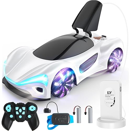Gesture Sensing Remote Control Car with Charging Dock - 360° Rotate Drift RC Stunt Car Toy, 40 Min Playtime, Dual Control, Spray Mist & LED Lights, Birthday Gift for Kids Boys Girls（White）
