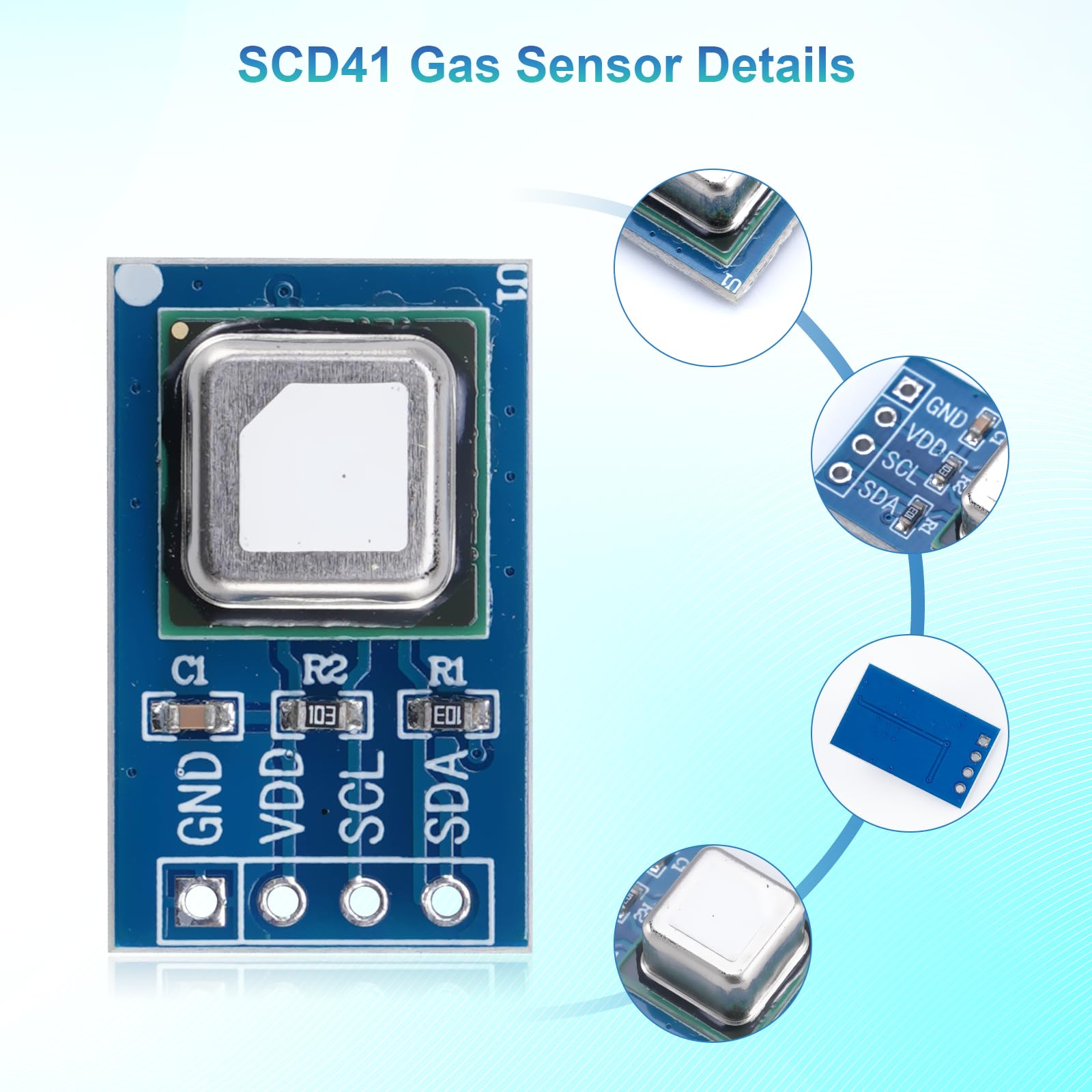 SCD41 Módulo Sensor de Gas Binghe SCD41 CO₂ Sensor Módulo Detección de CO₂ Dióxido de Carbono 2-in-1 Temperatura y Humedad 2.4-5.5V 400-5000PPM con Comunicación I²C