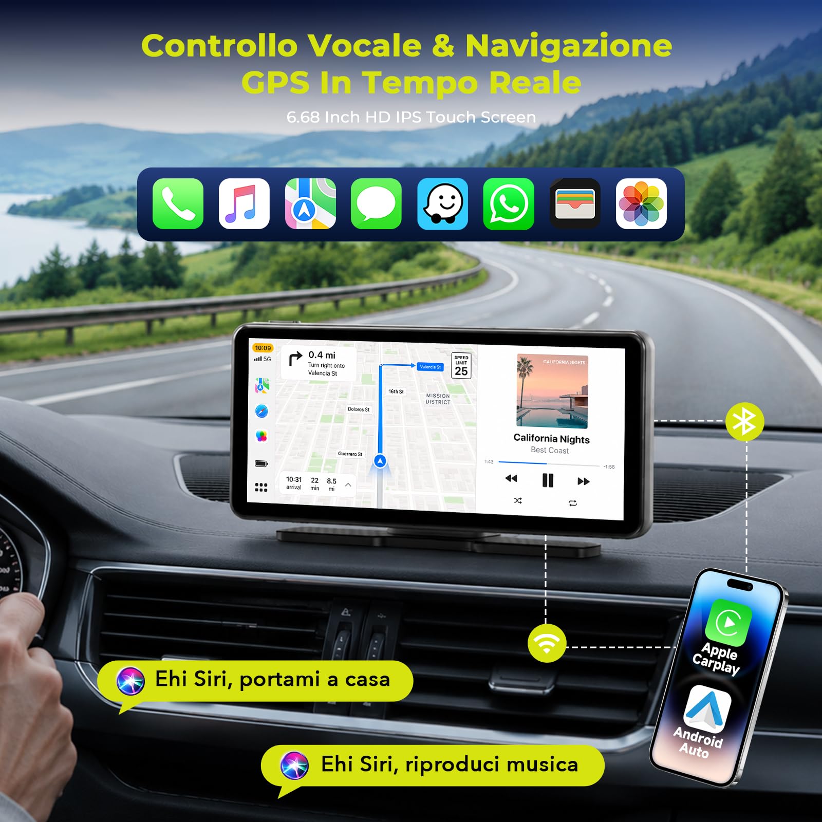 LAMTTO Ecran Carplay Voiture & Android Auto sans Fil avec Dashcam 2,5K + 1080P, Écran Tactile HD Portable de 6,86 Pouces, Car Play avec Commande Vocale, Navigation, Bluetooth, FM, AUX, Carte 64 Go