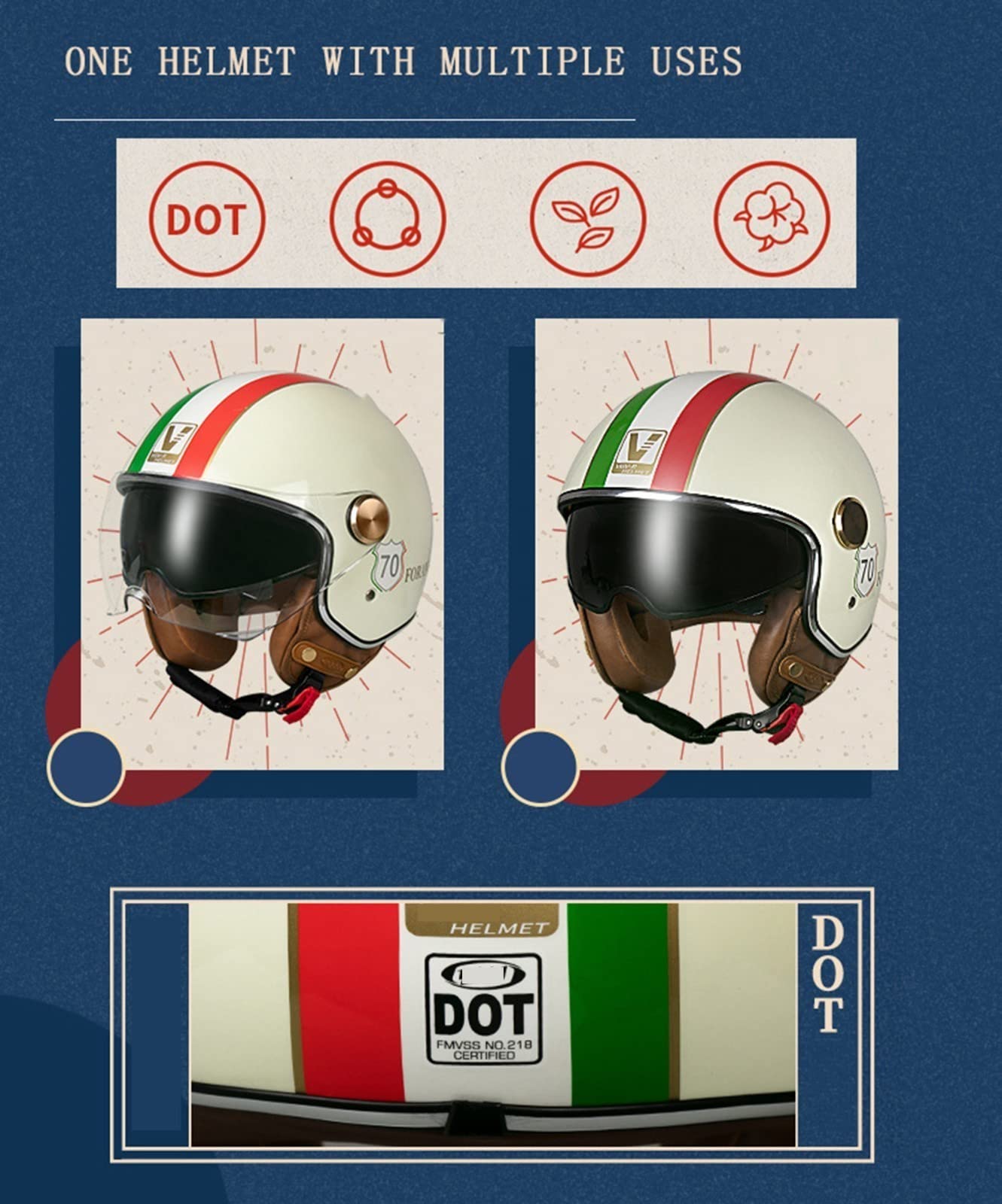 Casco Abierto Retro Para Moto Y Scooter | Homologado DOT/ECE, Talla M (57-58cm) | Con Doble Visera Y Ventilación