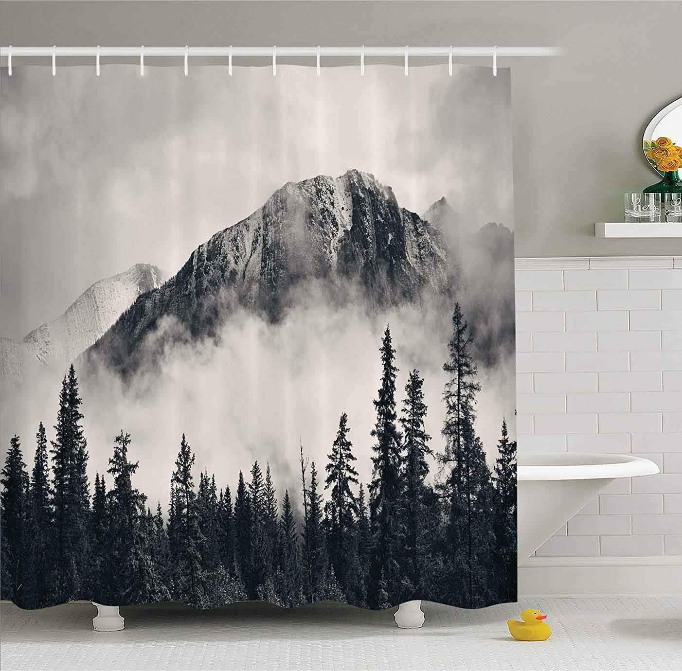 Mantto Canadian Smoky Mountain Cliff Outdoor Idyllic Photo Art Shower Curtain, National Parks Home Decor Curtain, Waterproof Polyester Fabric Bathroom Shower Curtain with Hooks 72″ x 72″