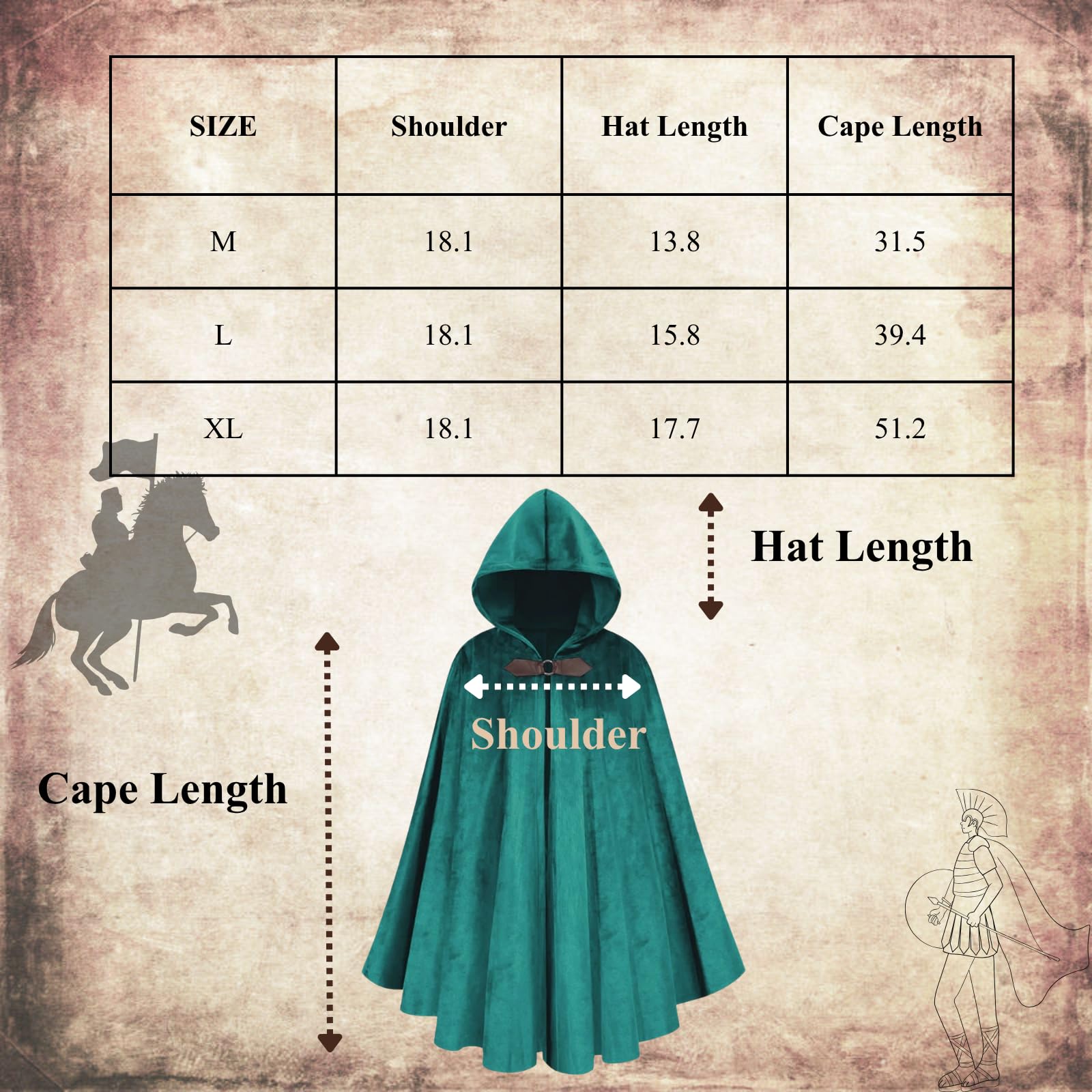 RRCBMD Mens Renaissance Medieval Hooded Cloak Victorian Steampunk Costume Cosplay Lake blue-100CM - Image 3