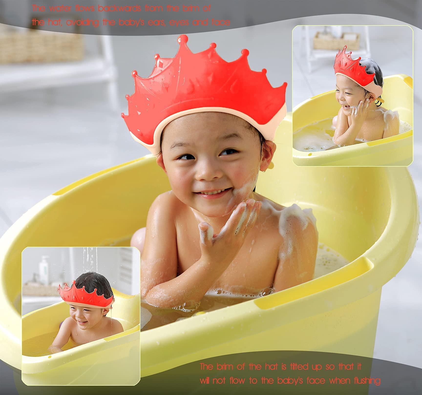 Cuffia da doccia per bambini regolabile impermeabile, protezione shampoo senza lacrime, 0-9 anni (rosso)