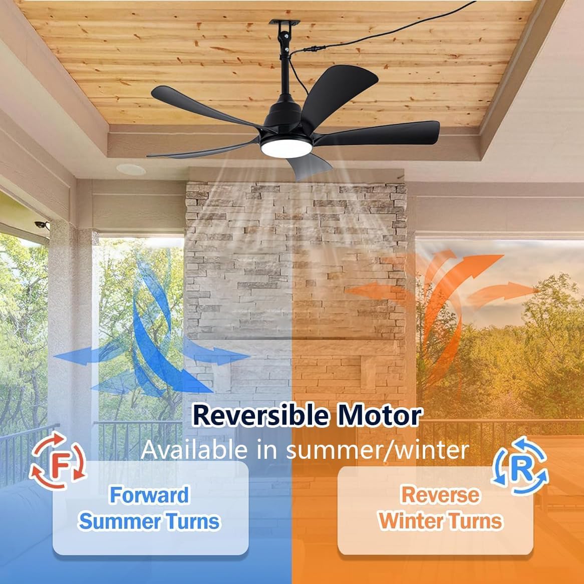 Außen Deckenventilator mit Licht IP65 Wasserdicht 106cm Leise mit Beleuchtung und Fernbedienung Dimmbar, 6 Geschwindigkeiten Timer, Lampe mit Ventilator für Terrasse Pavillon, Schwarz