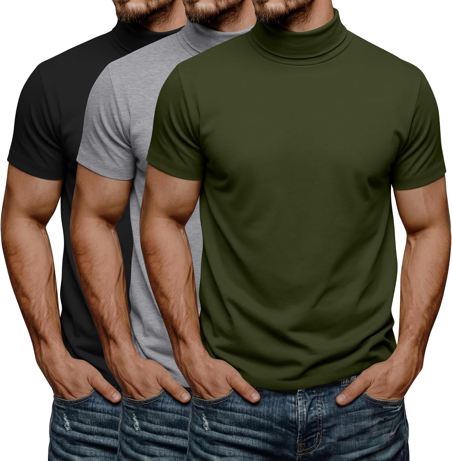 3 Pack Men's Turtleneck T Shirts, Short Sleeve Mock Neck Casual Undershirt Summer Slim Fit Basic Pullover Tops