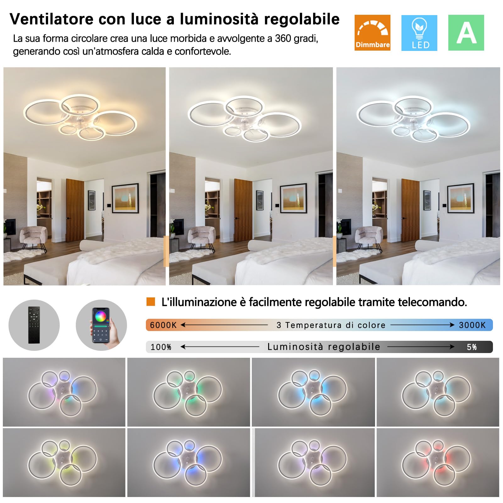 RGB Ventilatore da Soffitto con Luce Compatibile con Alexa 95cm | Reversibile Tempistica 6 Velocità,Dimmerabile Silenziosa Soggiorno Lampadario Ventilatore e Telecomando,Camera da Letto Sala