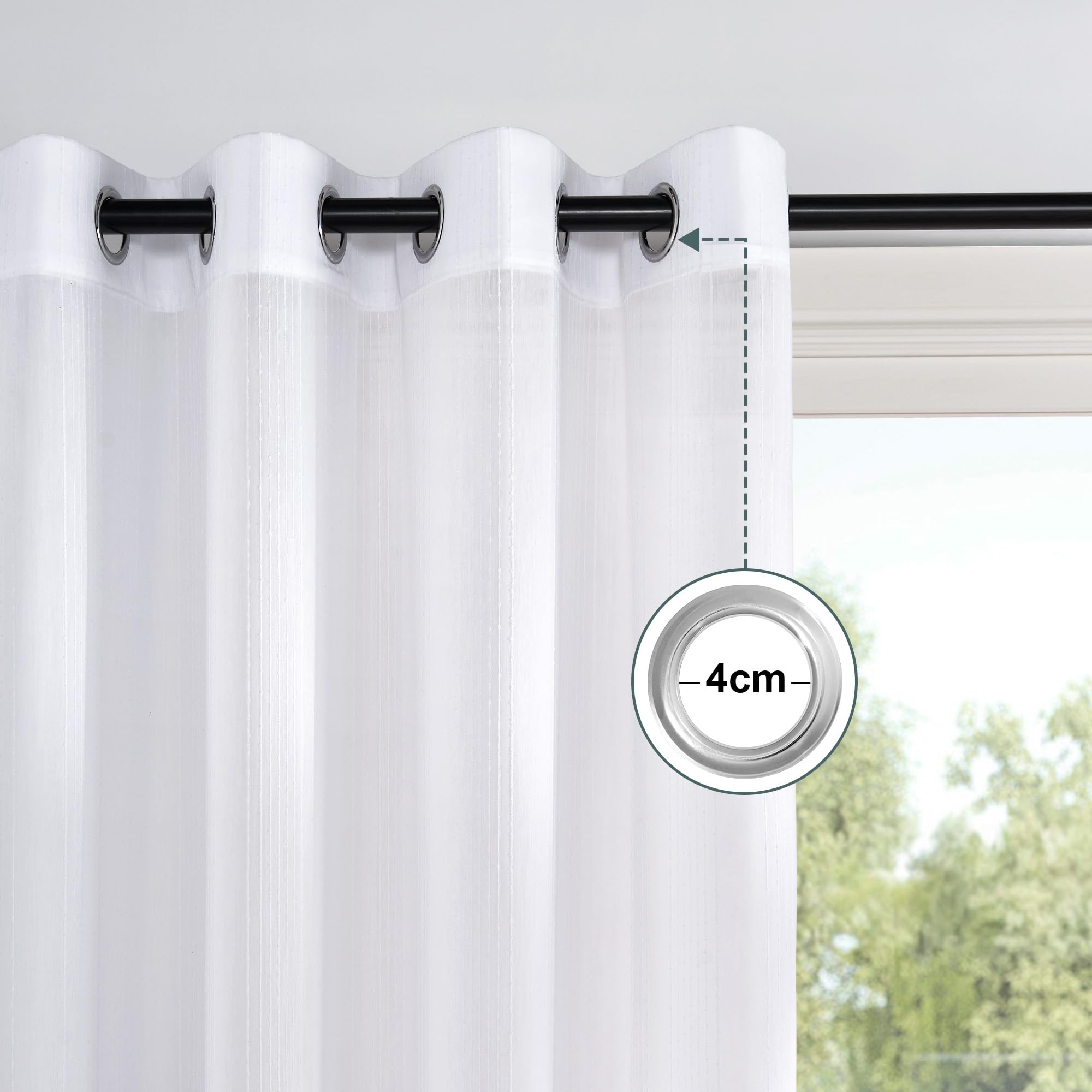 PONY DANCE Rideaux Voilage - Rideaux Semi-Transparent a Oeillets avec Motif Rayés pour Maison Salon Chambre Fenetre Intérieurs Moderne, 2 Panneaux, Blanc, L140xH220cm