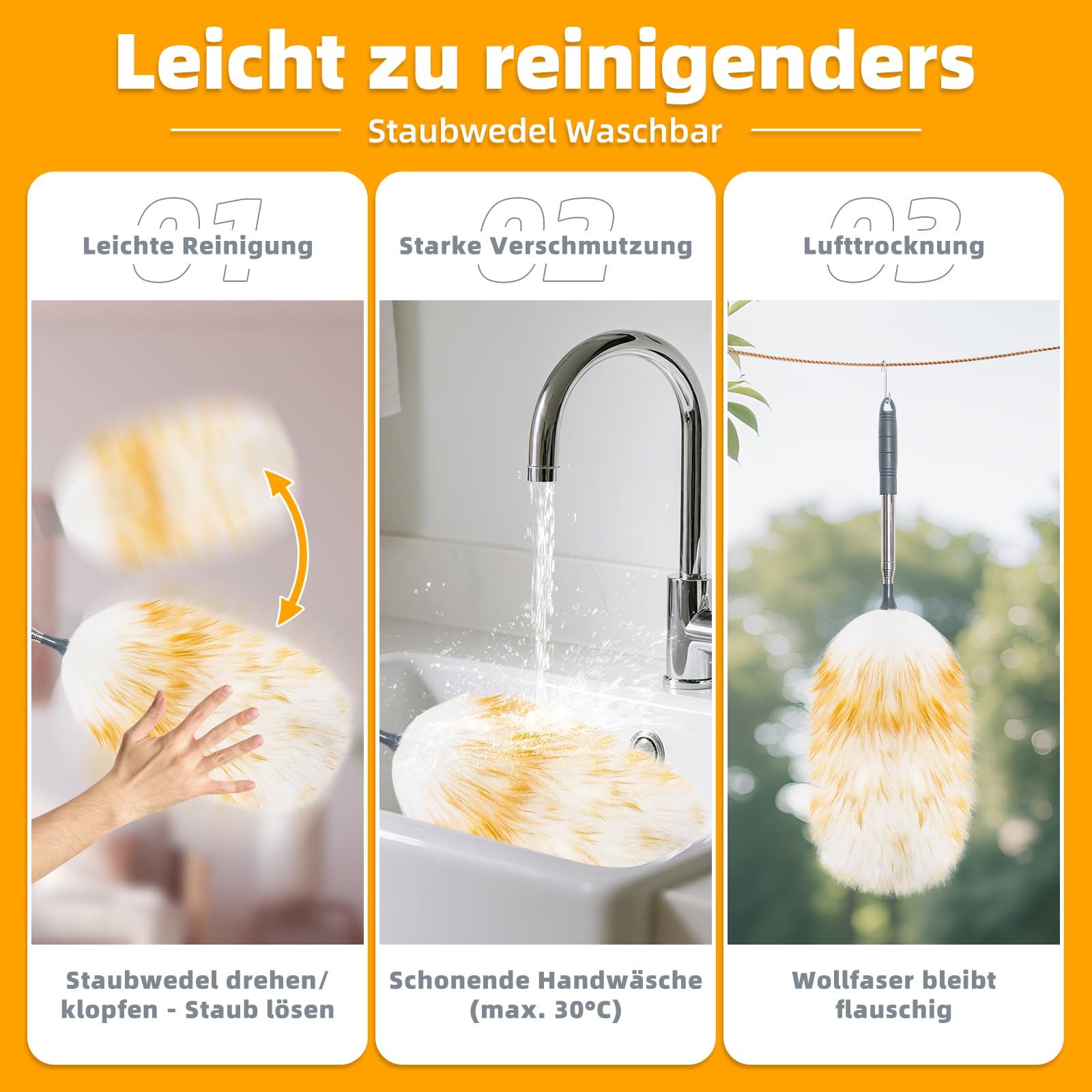 Loveco Staubwedel, Hochwertiger Lammwolle Staubwedel Teleskop Waschbar, Ausziehbar bis ca. 130 cm – Elektrostatische Staubaufnahme für Decken & empfindliche Oberflächen, kratzfreies Entstauben