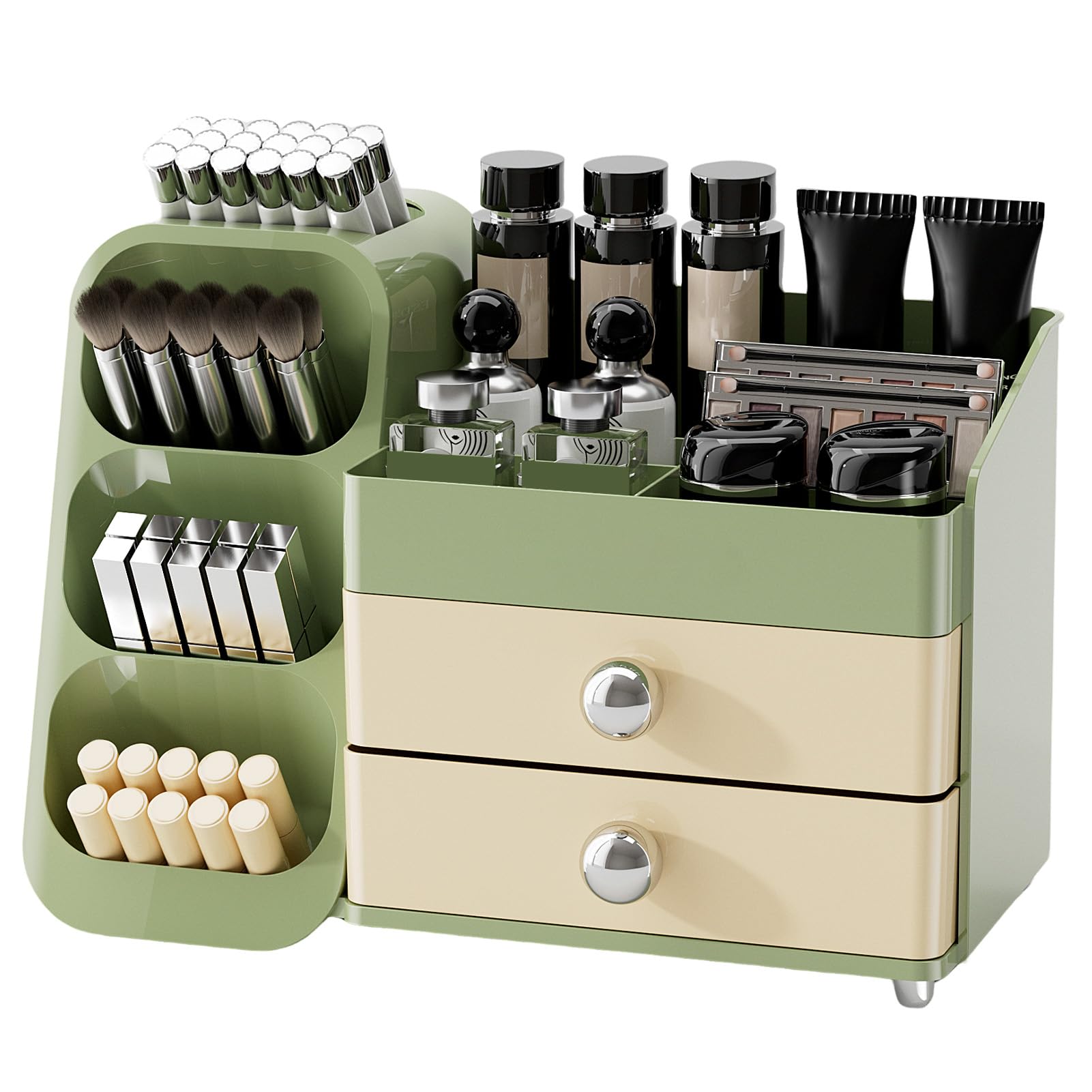 FoiiLiio Make Up Kosmetik Organizer mit 2 Schubladen, Multifunktion Schminktisch Organizer, Einfache Aufbewahrung für Pinsel Lippenstift Skincare für Schminktisch, Bad und Schlafzimmer(Grün) Kosmetik