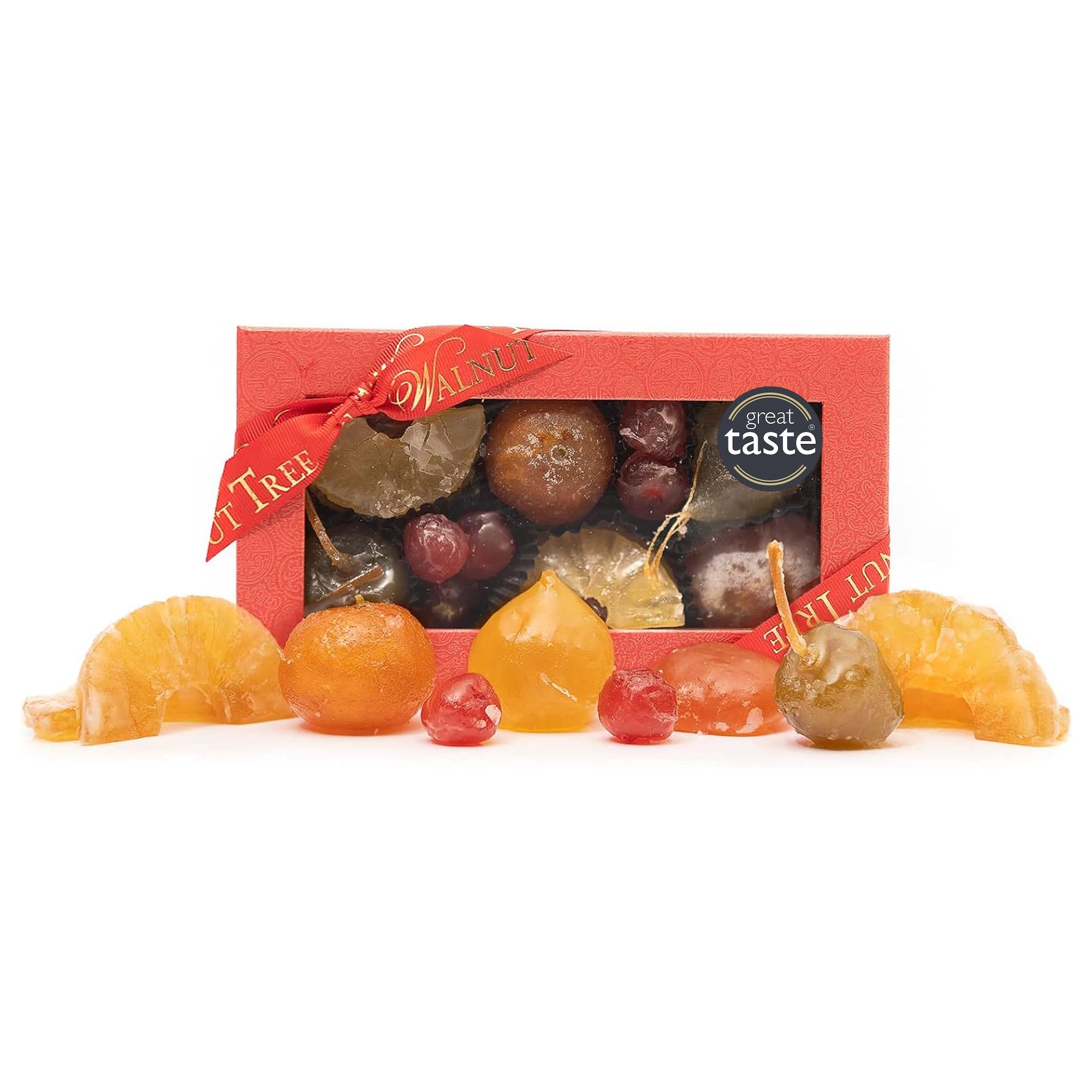 Walnut Tree Medium Glaced Fruits Luxury Gift Box with Candied Apricot, Apples, Pears, Cherries, Pineapple – Handpacked in the UK – Vegan, Vegetarian, Halal, Gluten Free Diets – 190g Pack
