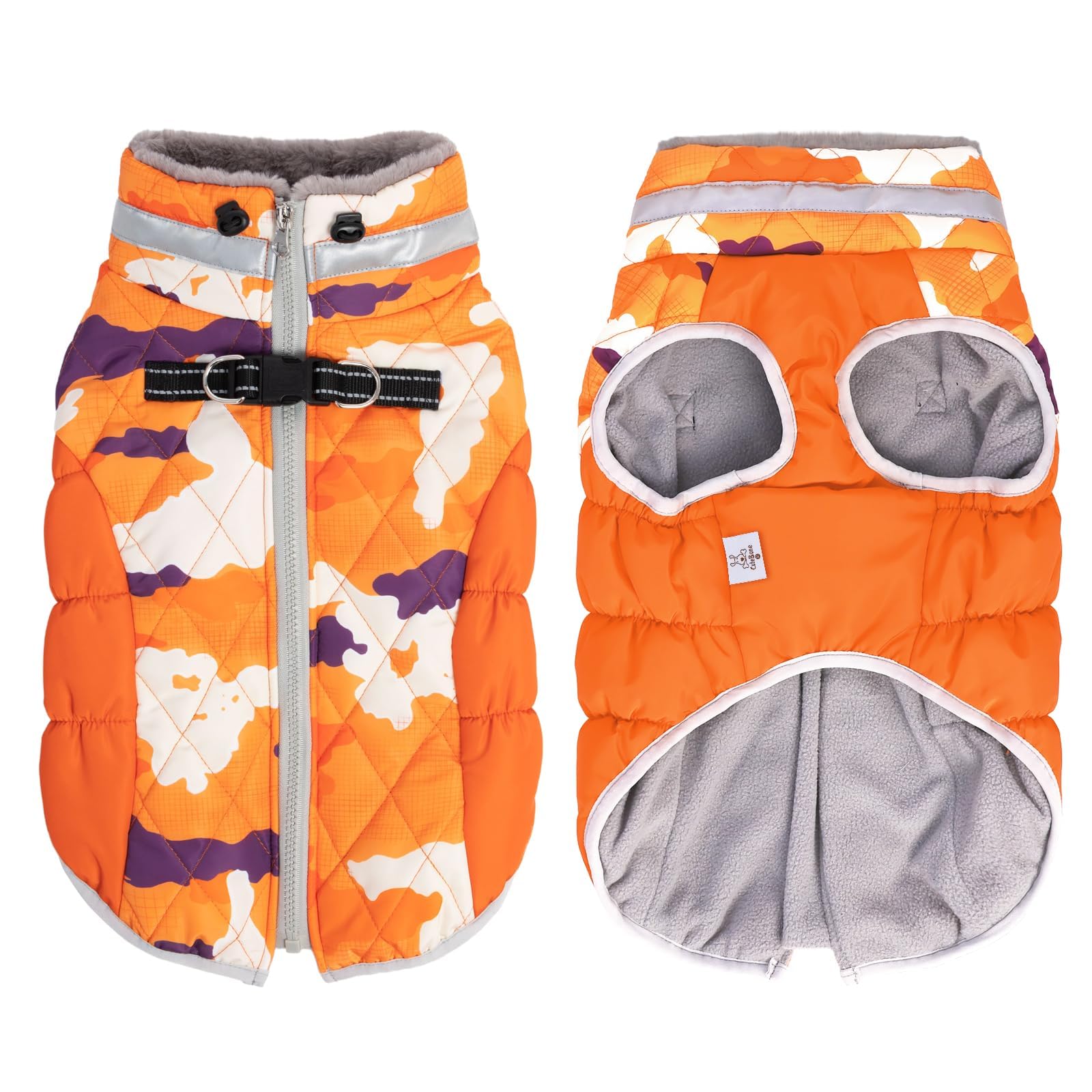 CuteBone Orange Dog Waterproof Winter Coat with Harness, Reflective Warm Jacket with Zipper for Cold Weather, Snowsuit for Medium Large Dogs YRFN02XXL