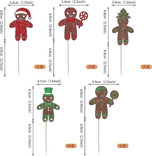 Vista 185 de Rsstarxi Paquete de 30 adornos navideños para cupcakes de hombre de jengibre con purpurina para baby shower, decoración para temática de Feliz