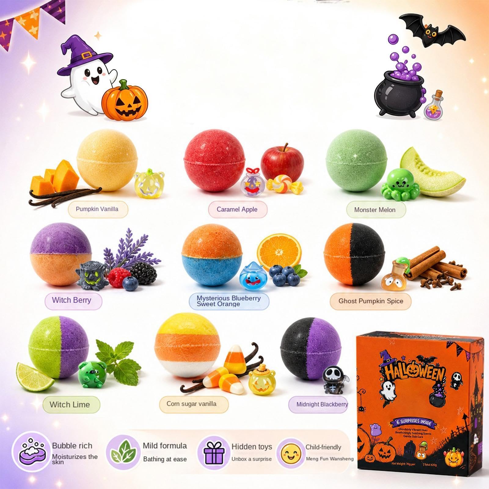 Bolas de baño para niños 9 efervescentes de ducha de Halloween coloridas