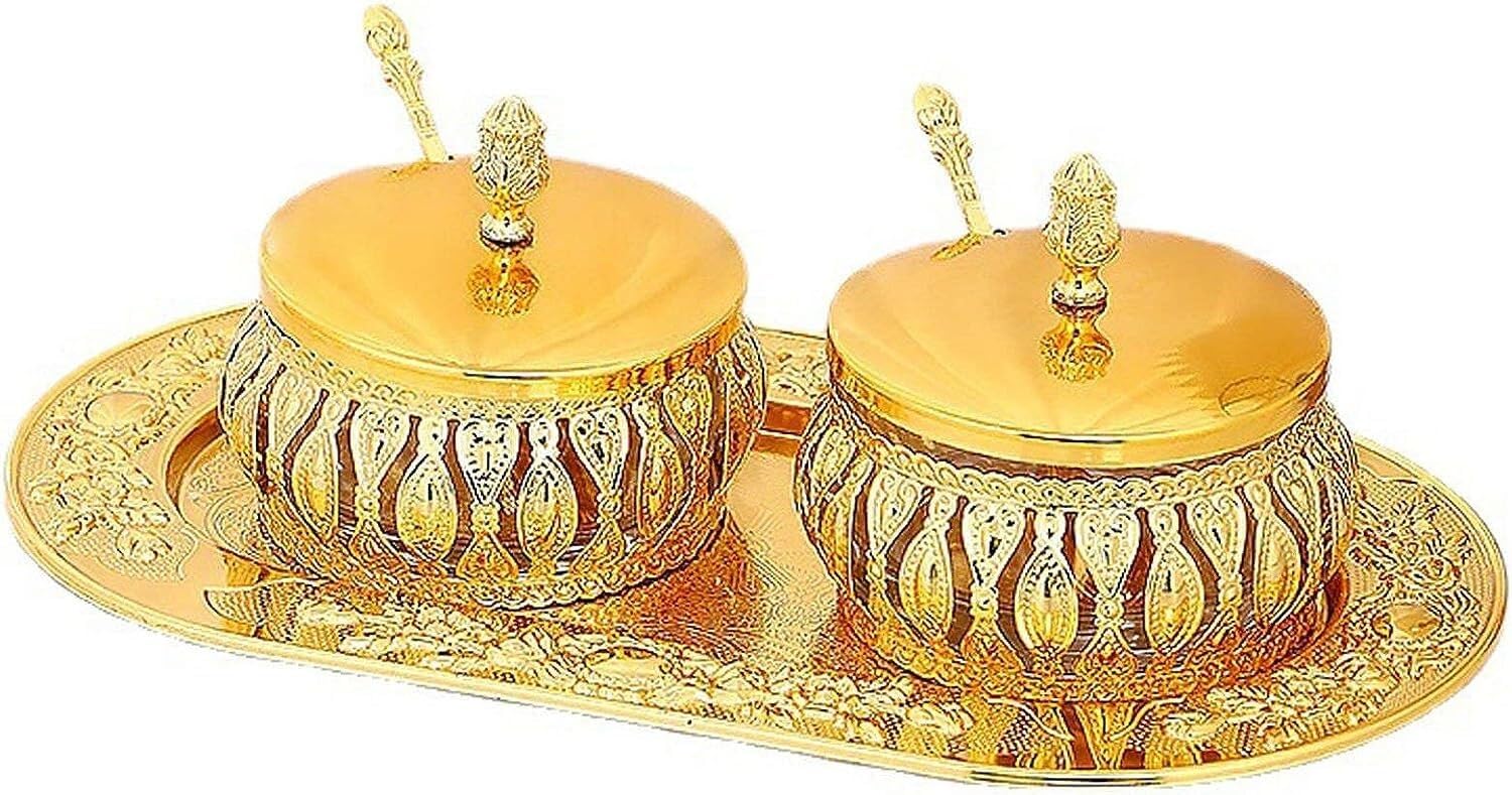 Sucrier,sucrier avec Couvercle,sucrier doré avec Couvercle et cuillère, Pot à épices en Verre doré, Pot à Bonbons avec Plateau for décoration de Cuisine-Or-Ensemble Entier