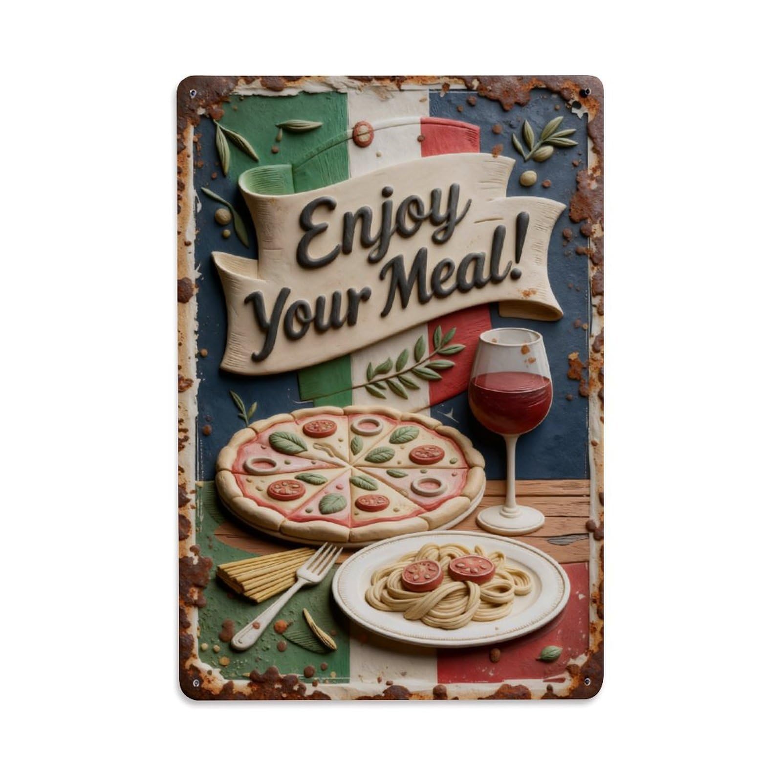 Italian Flag Pizza Pasta Wine Olive Vintage Metal Tin Sign Retro Wall Decor, Bar Garage Cafe Kitchen Home Wall Art Poster Decoration 8x12inches