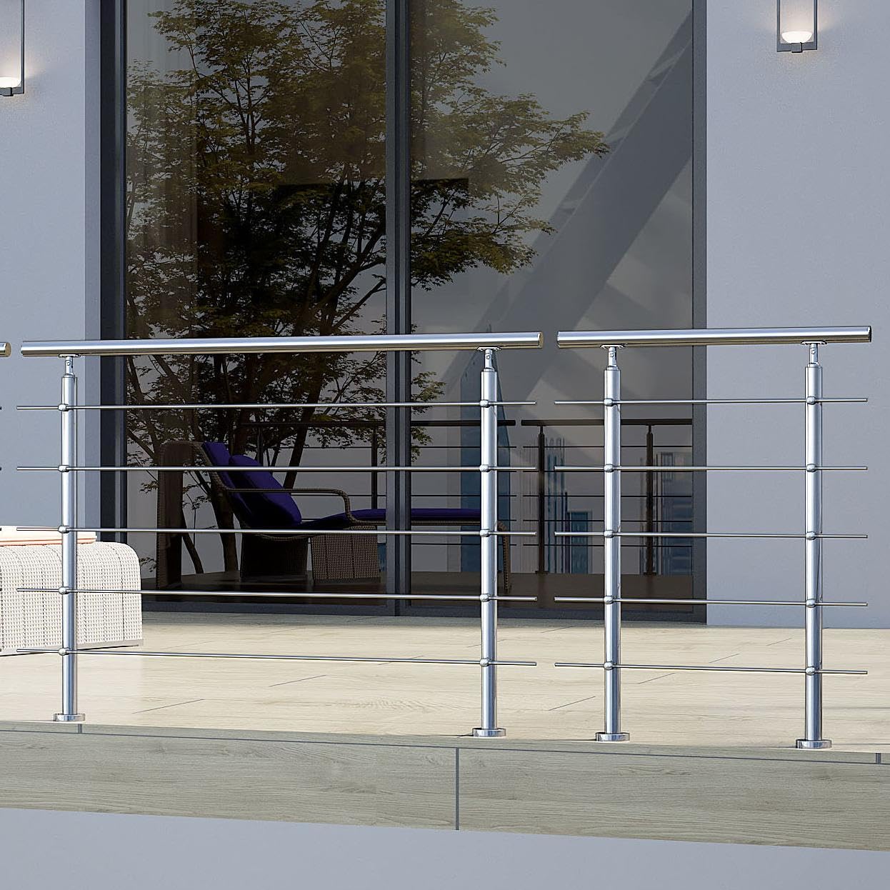 Biubiubath Silver 120Cm 304 Stainless Steel Handrail With 5 Crossbars Balustrade Stair/Step For Outdoor And Indoor