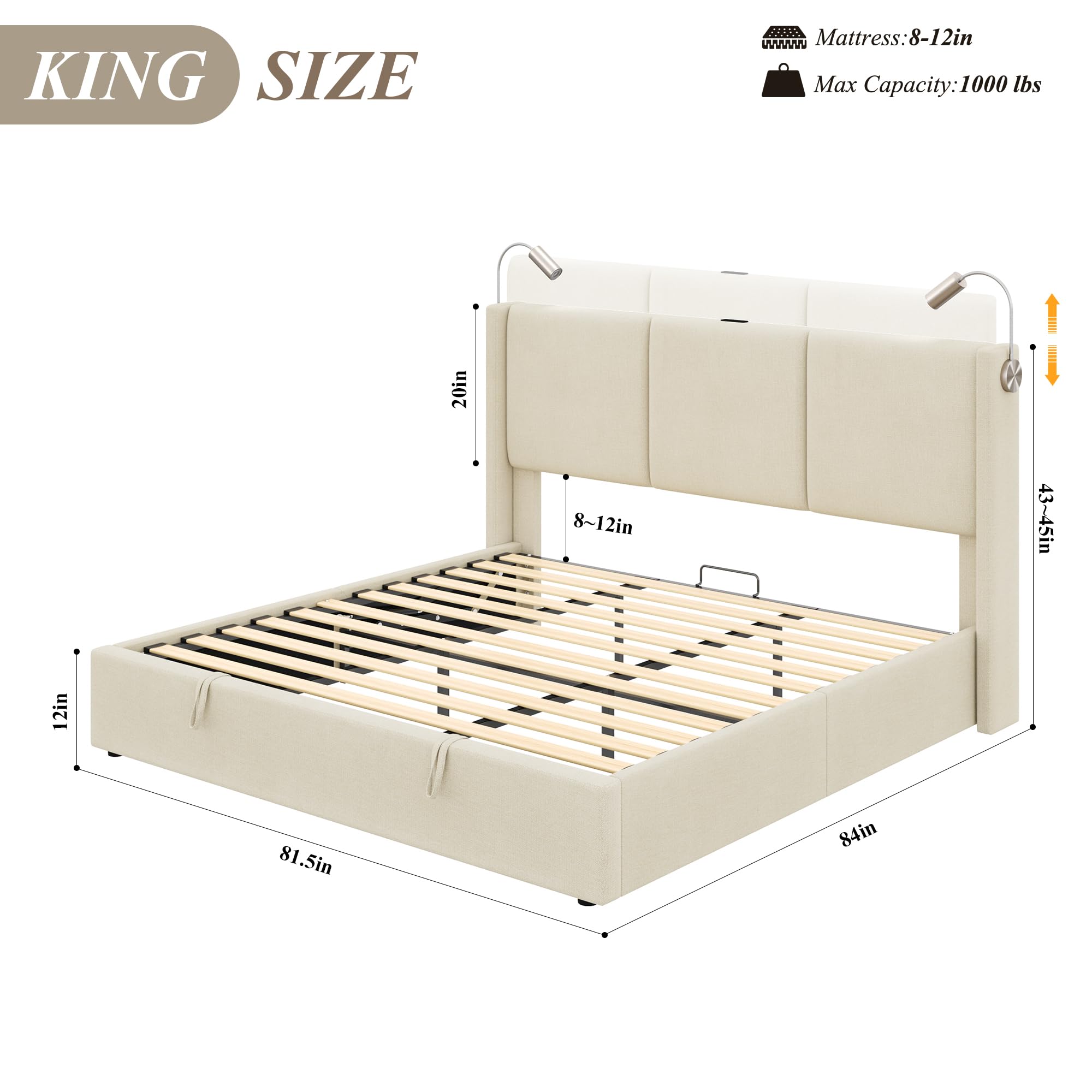 Condition photo showing New/Like New for hostack king size lift up storage bed frame with charging station, modern upholstered platform bed with reading light & adjustable wingback headboard, hydraulic storage, no spring box needed, beige